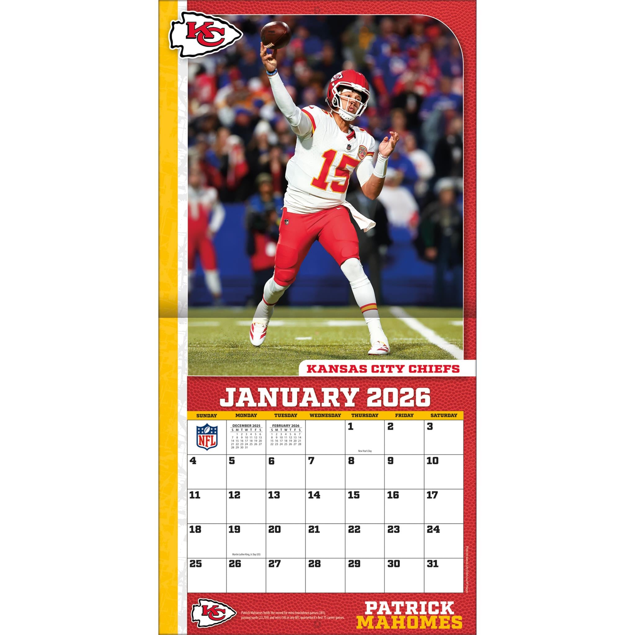 NFL Patrick Mahomes Kansas City Chiefs 2026 Wall Calendar