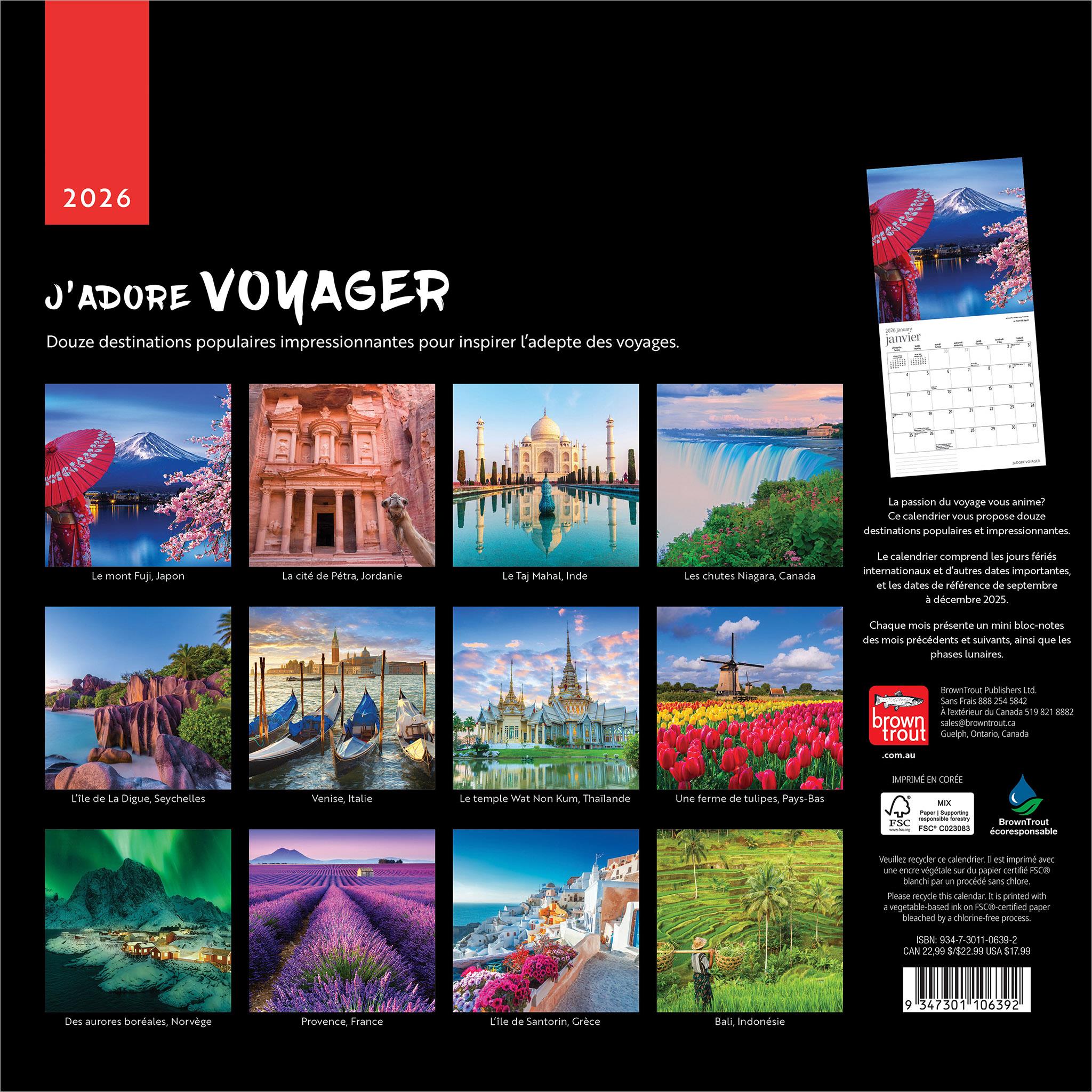 Calendrier mural J'adore Voyager 2026 (français)