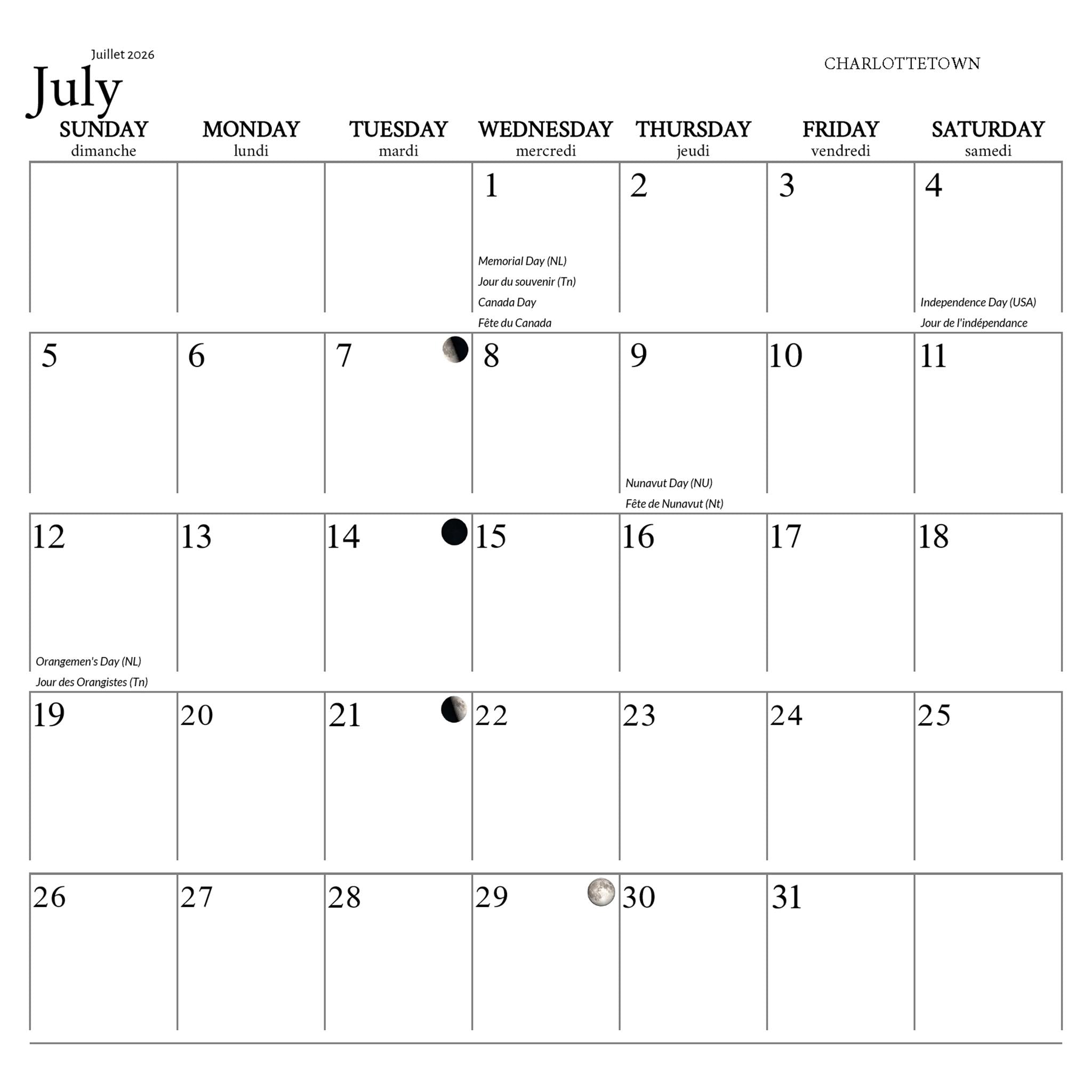 Calendrier mural de l'Île-du-Prince-Édouard 2026