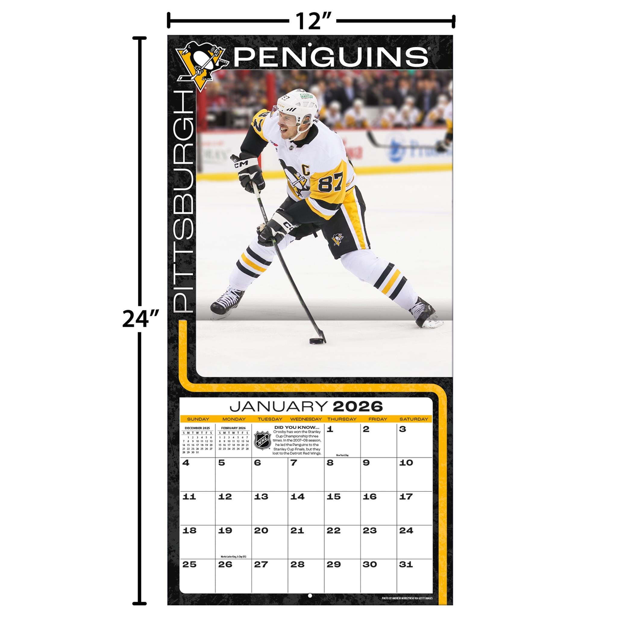 Calendrier mural 2026 de Sidney Crosby, Penguins de Pittsburgh (NHL)