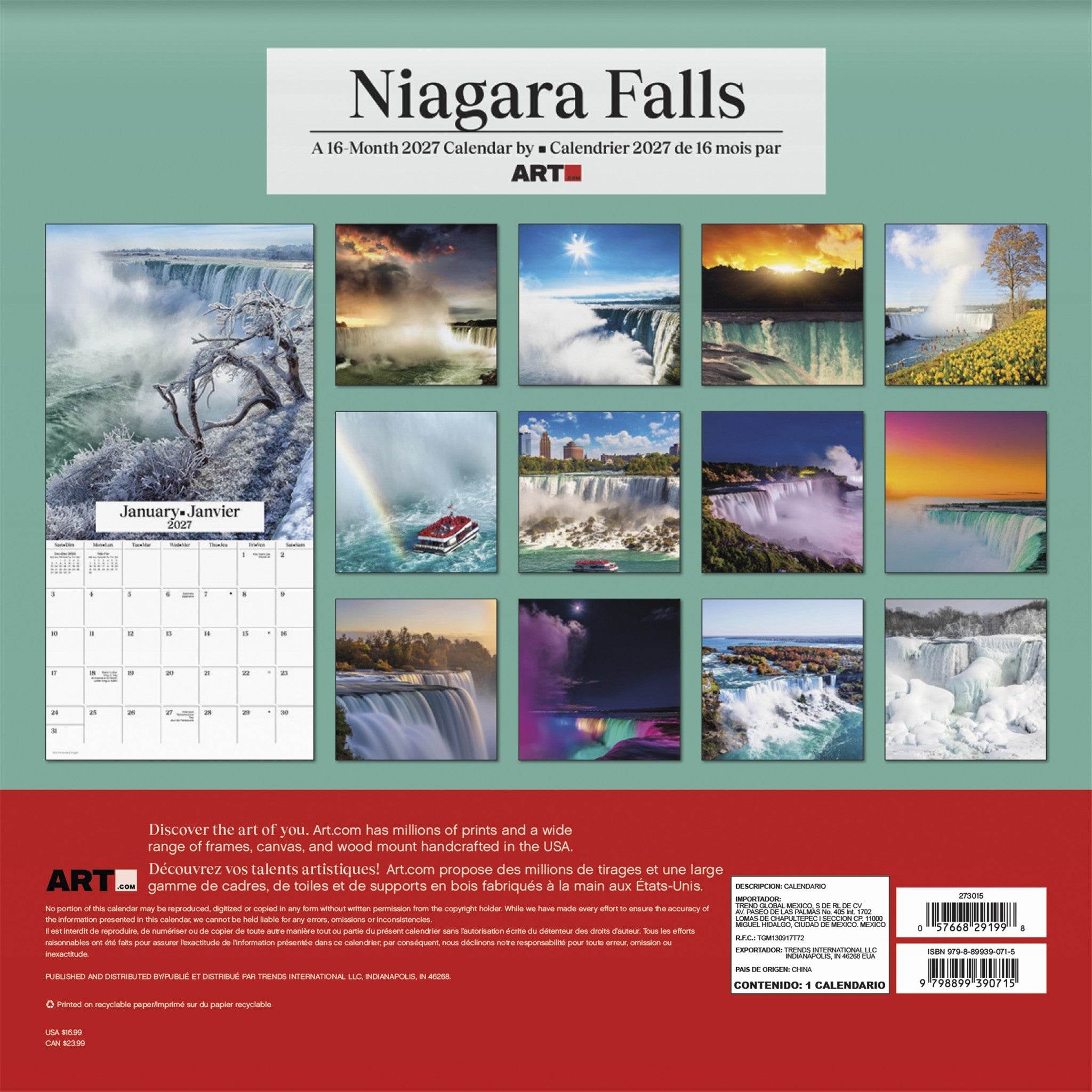 Calendrier mural Chutes du Niagara 2027