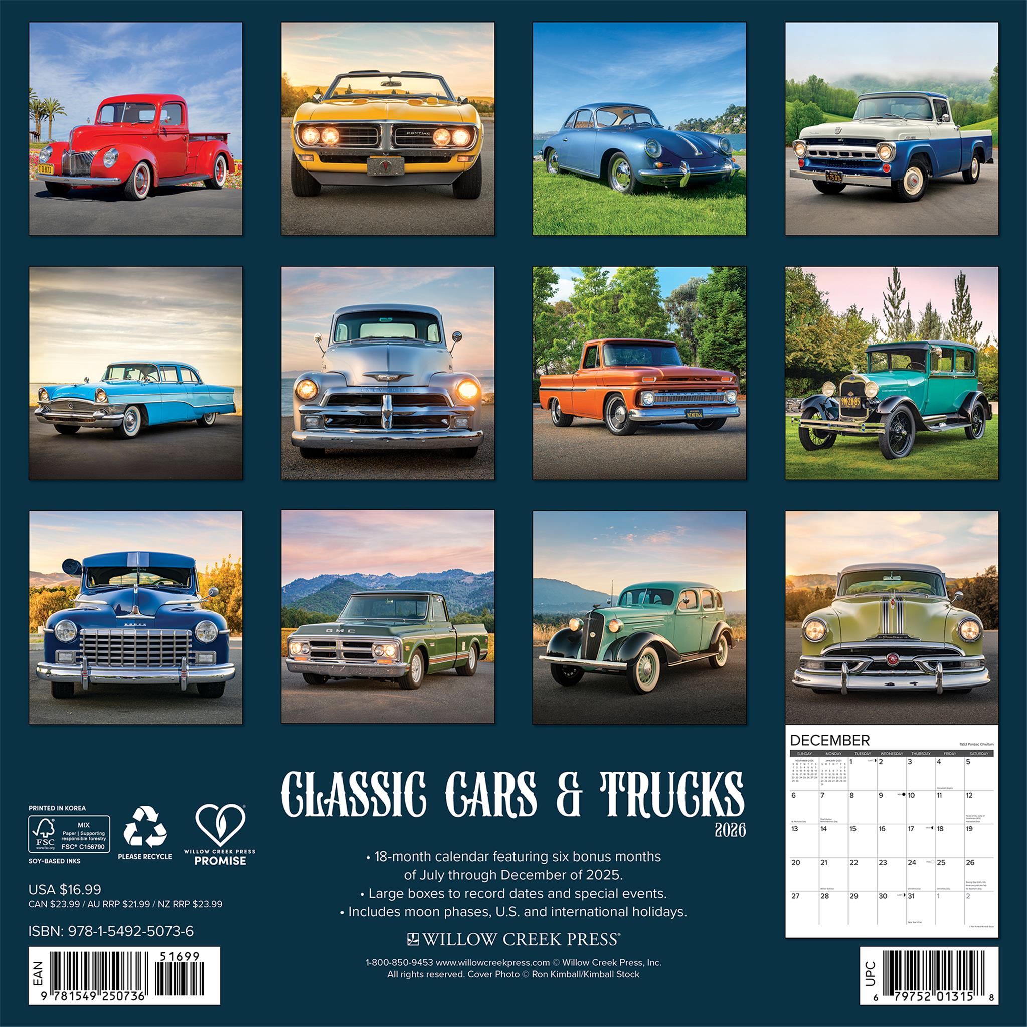 Calendrier mural 2026 des voitures et camions classiques