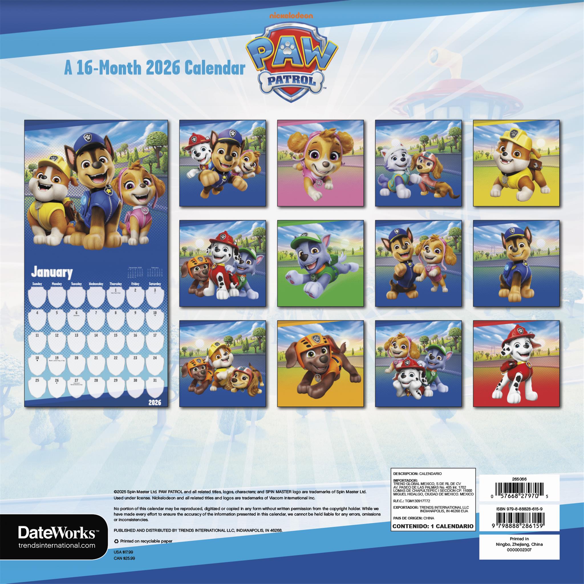 Calendrier mural Pat' Patrouille 2026