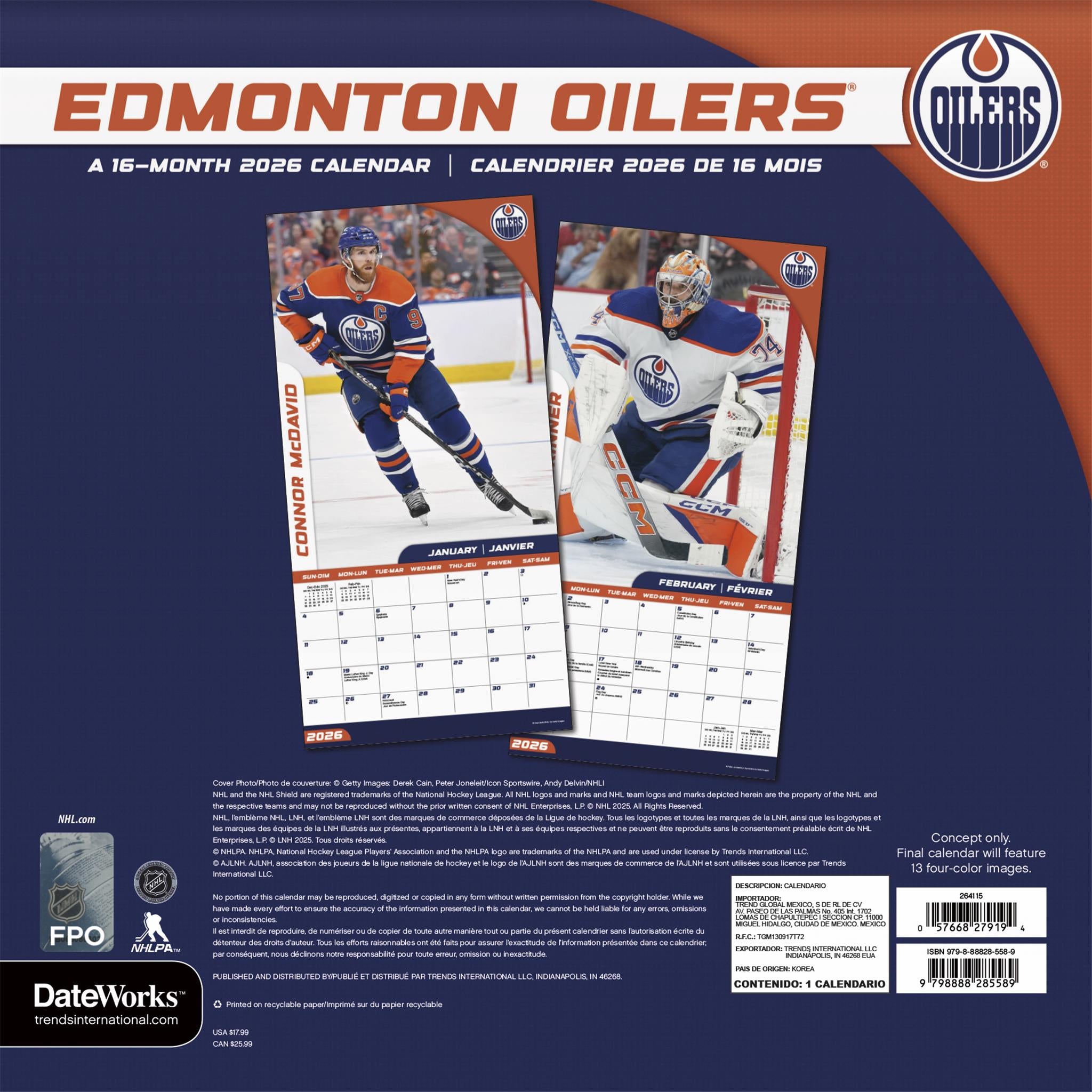 Calendrier mural bilingue 2026 des Oilers d'Edmonton de la LNH