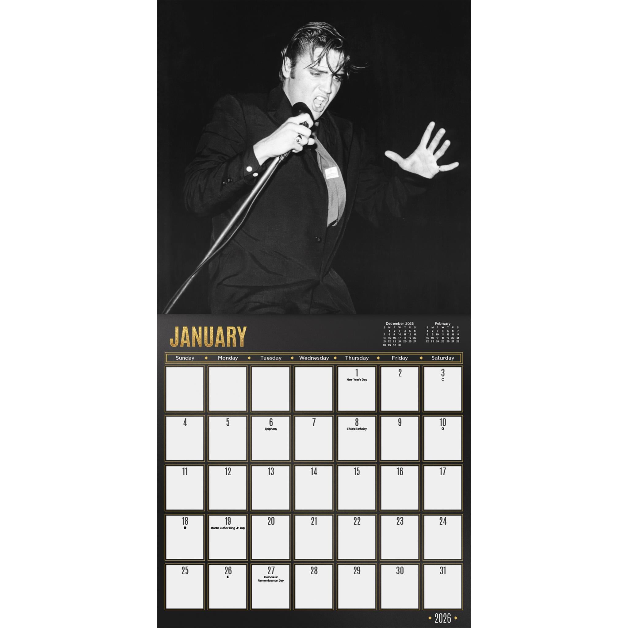 Calendrier mural de luxe exclusif Elvis Presley avec impression 2026