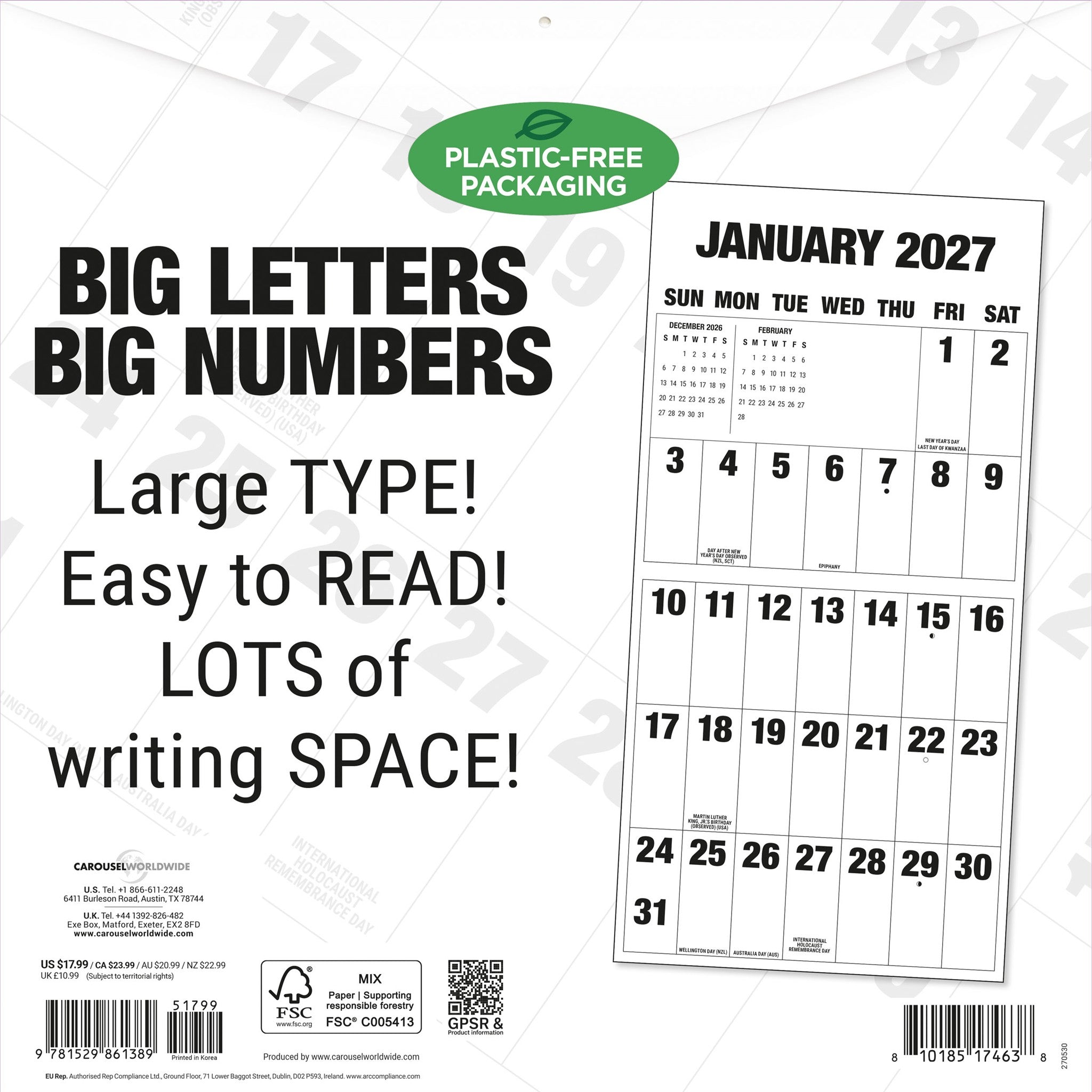 Grand calendrier mural 2027 à grandes lettres et grands chiffres