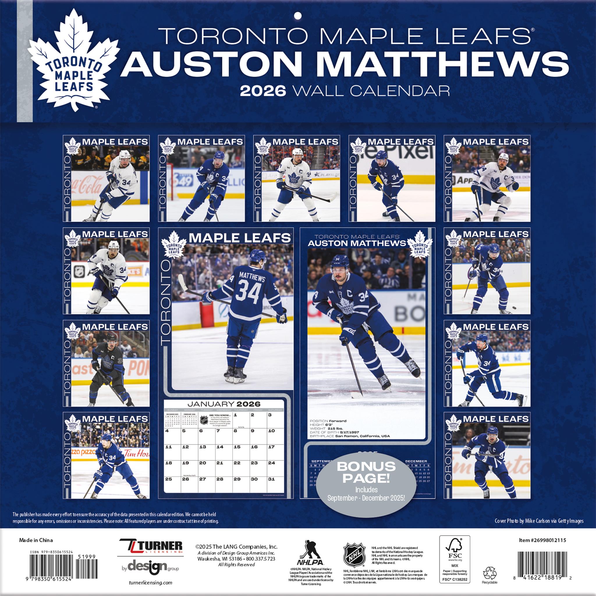 Calendrier mural 2026 d'Auston Matthews des Maple Leafs de Toronto (NHL)