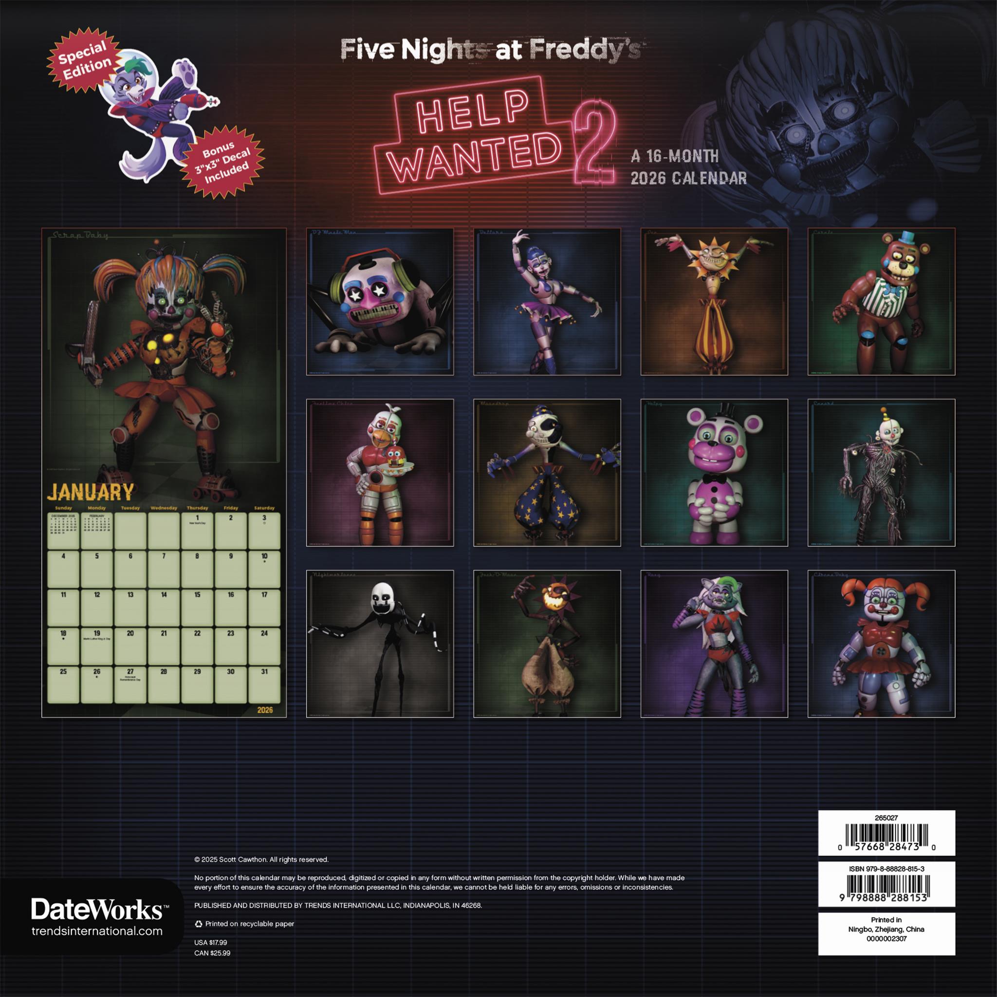 Calendrier mural de luxe exclusif Five Nights At Freddy's avec autocollant 2026