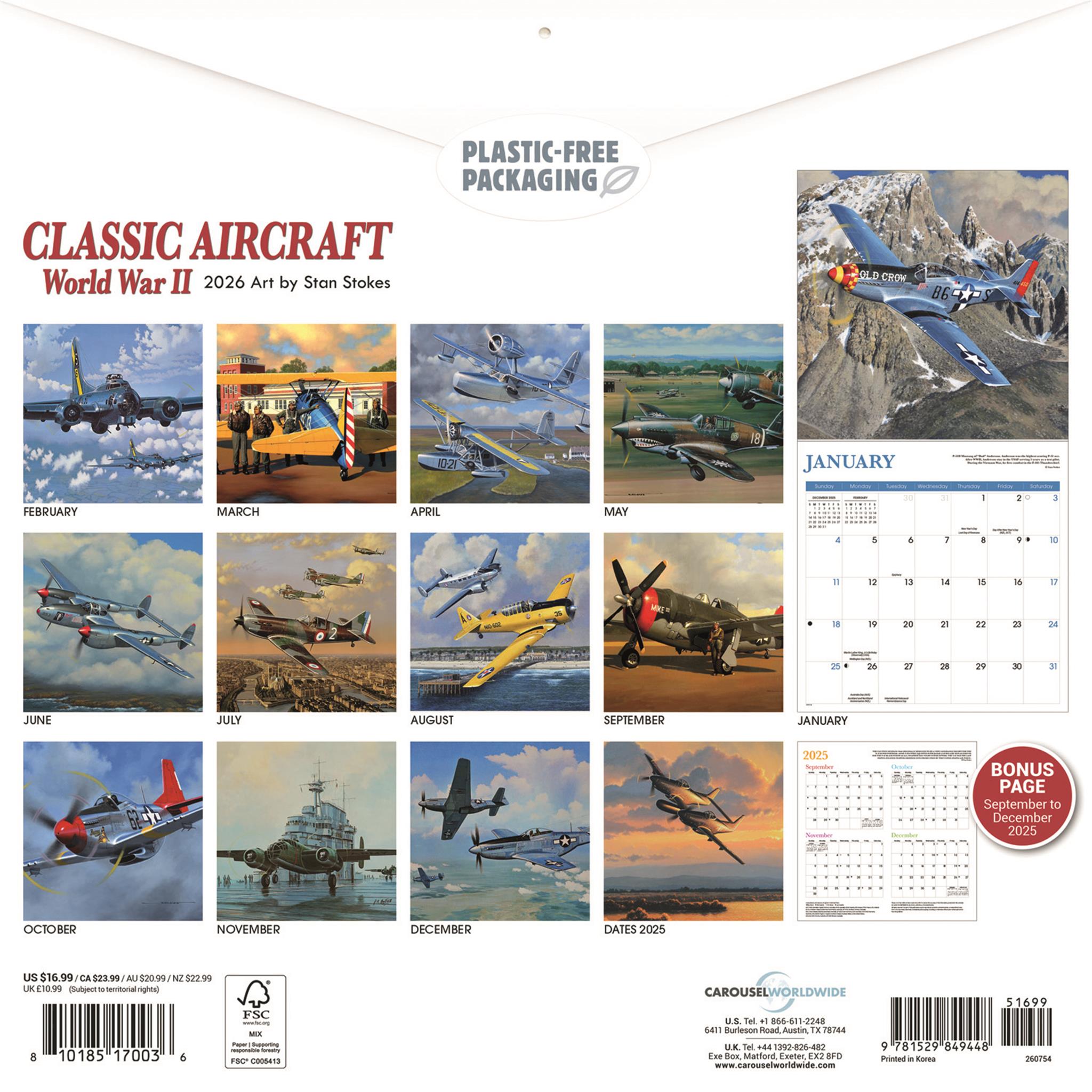 Calendrier mural 2026 des avions classiques de la Seconde Guerre mondiale