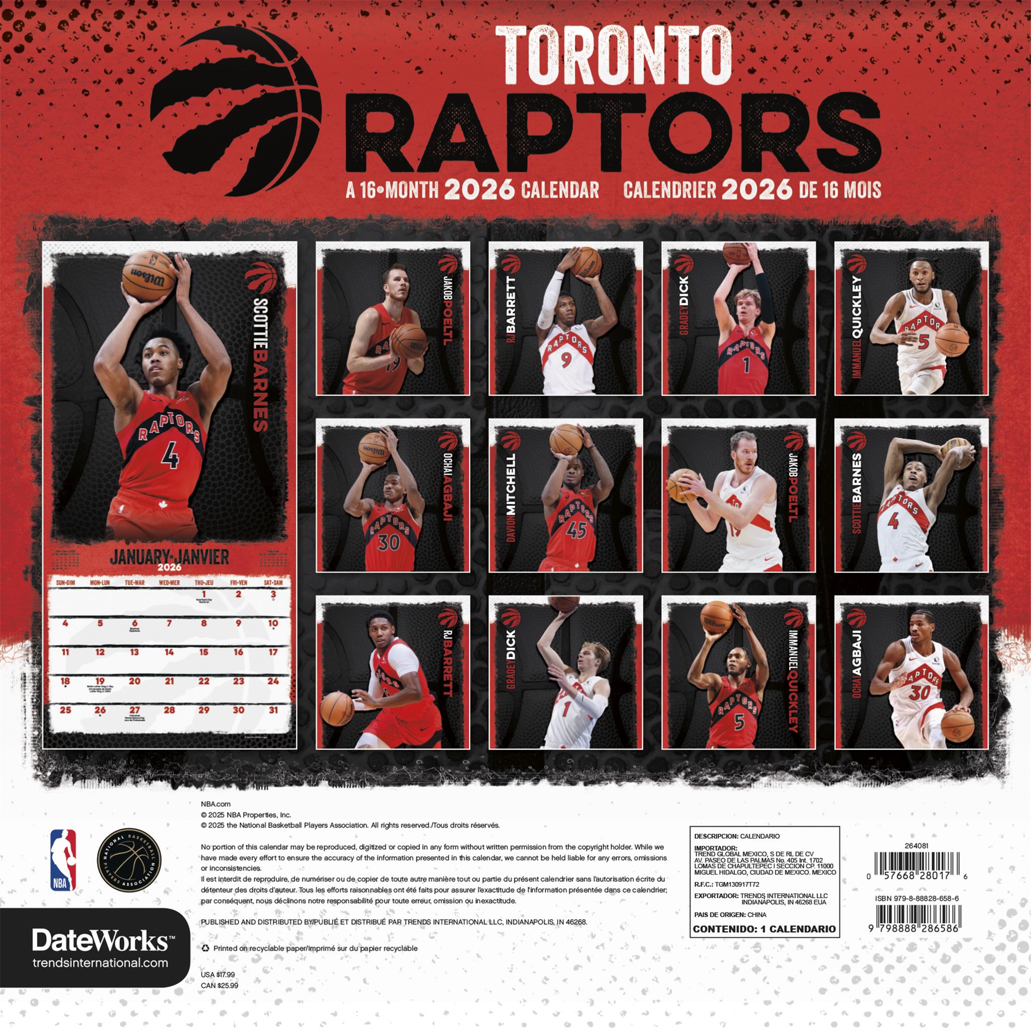 Calendrier mural bilingue des Raptors de Toronto (NBA) 2026