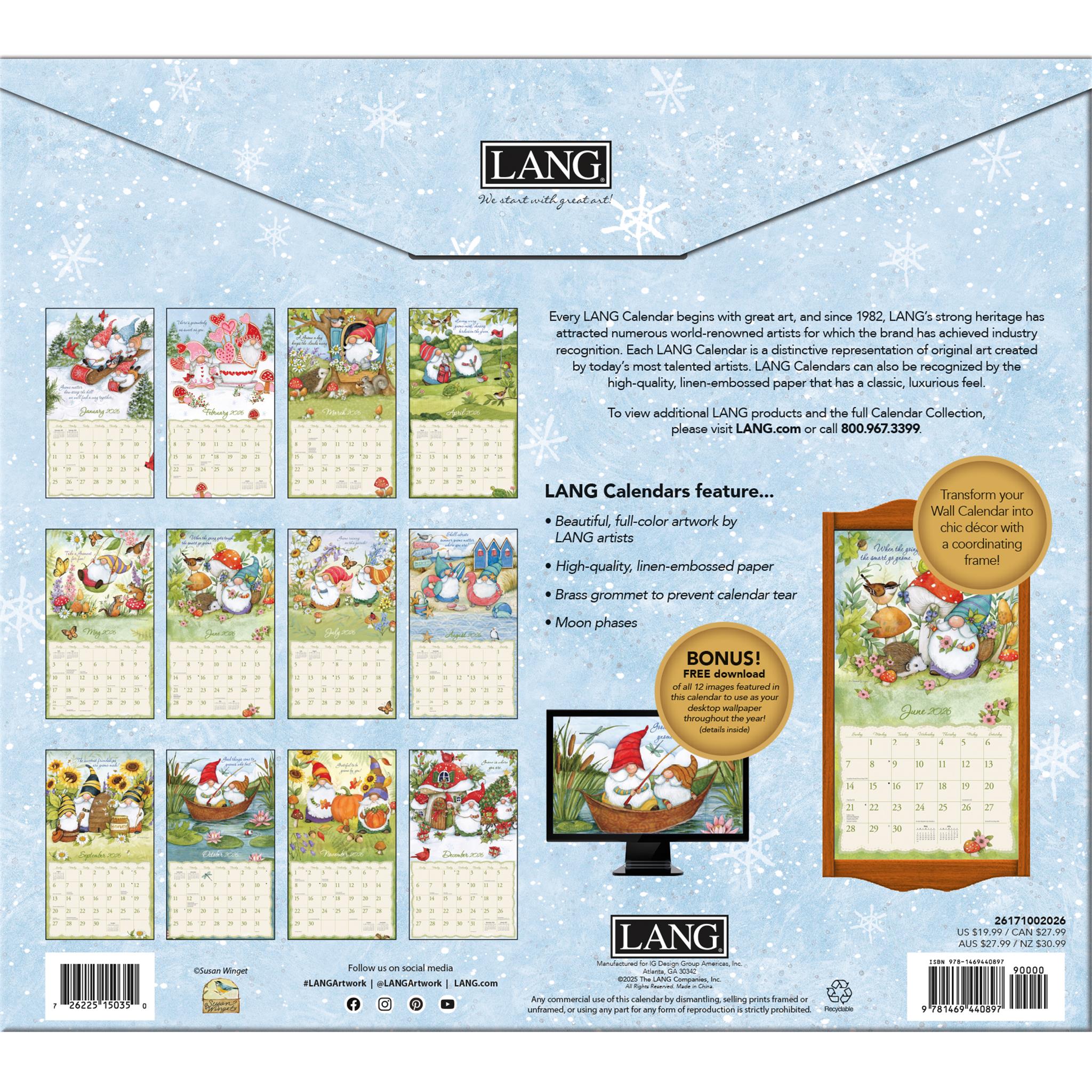 Calendrier mural édition spéciale de luxe Gnome Sweet Gnome 2026 avec impression