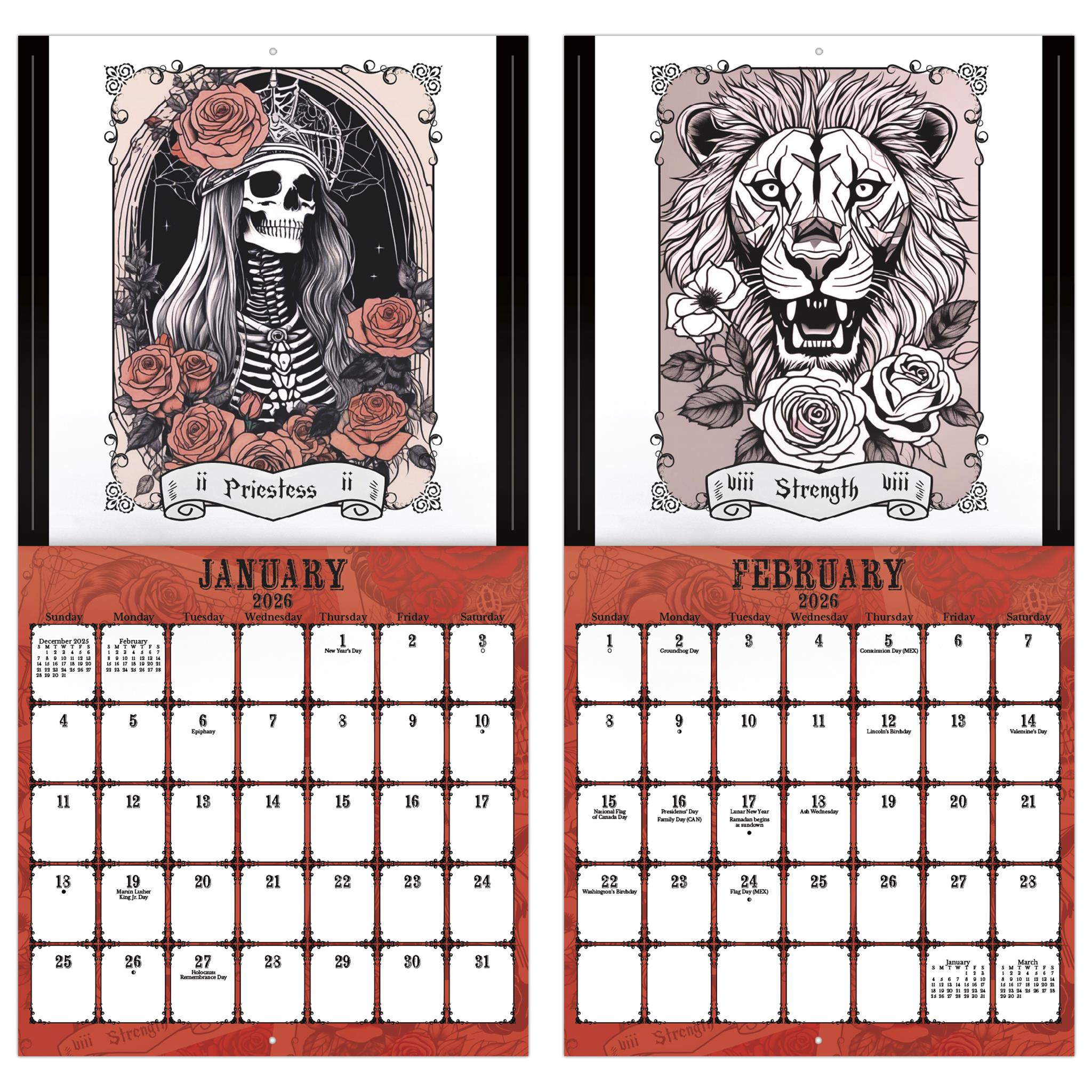 Calendrier mural Tarot - Crânes et Roses 2026 - Disponible uniquement en ligne