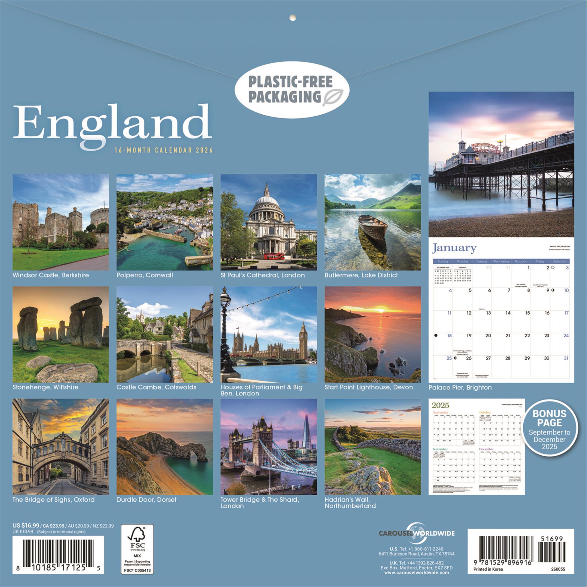 Calendrier mural Angleterre 2026