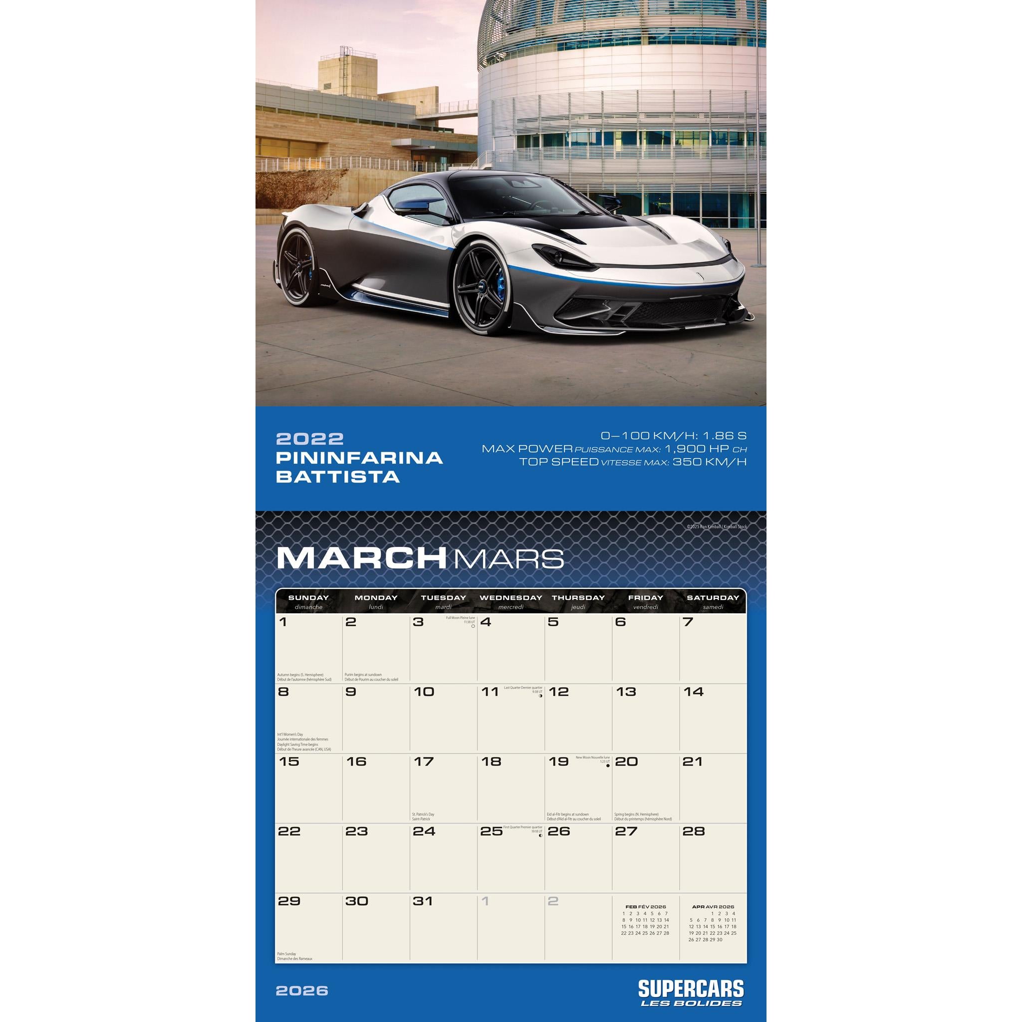 Supercars Les Bolides 2026 Wall Calendar (French)