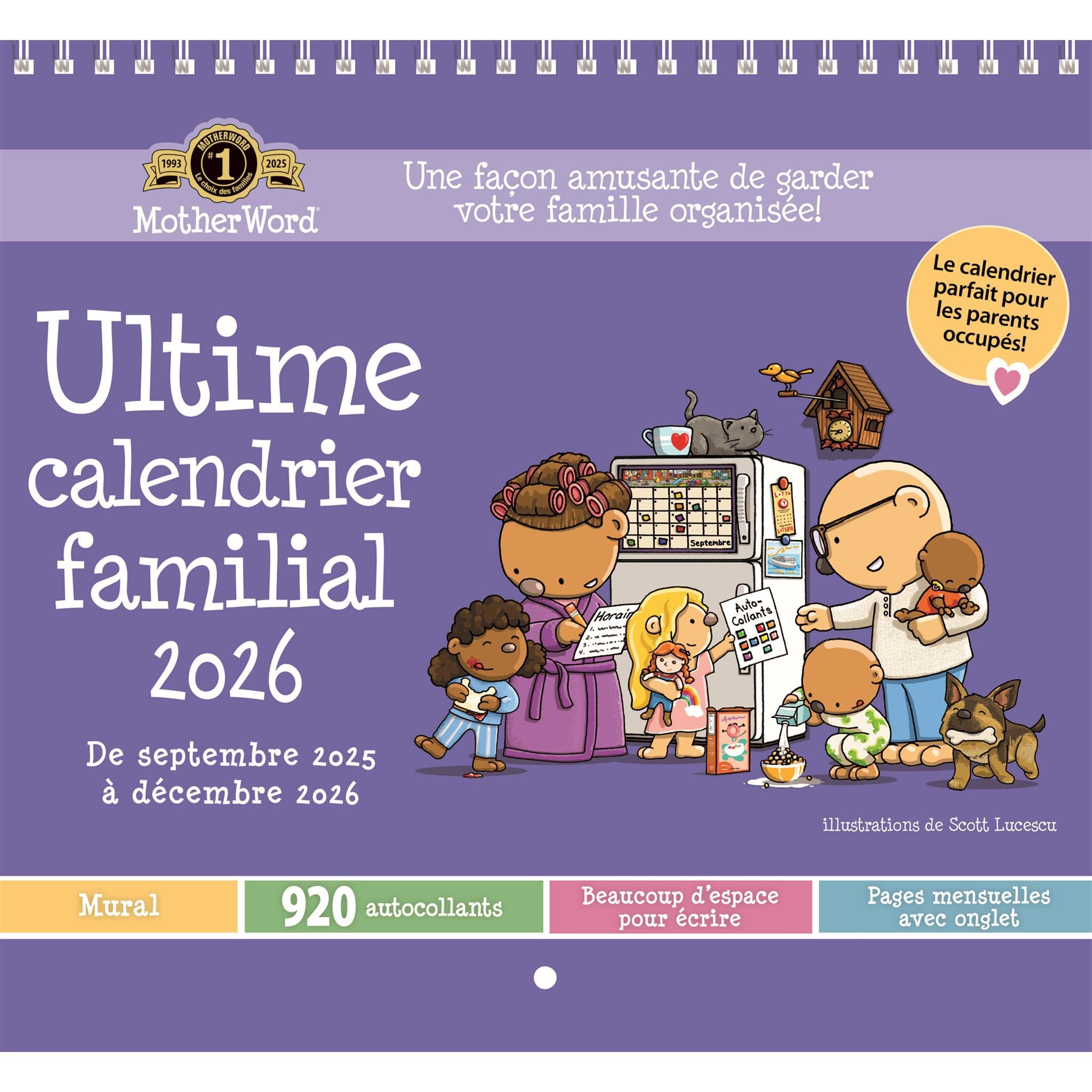 Calendrier mural à onglets Motherword 2025-2026 (français)