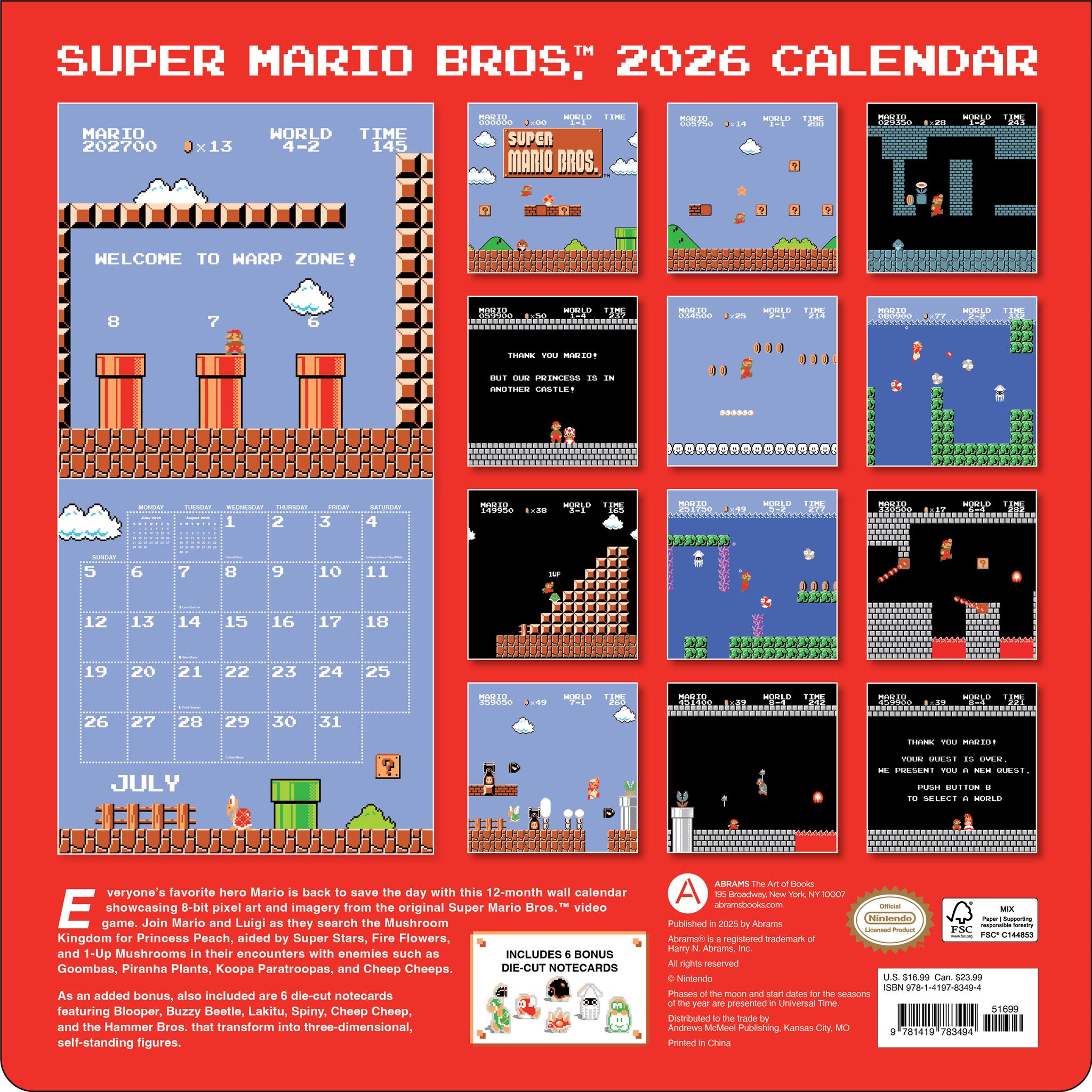 Calendrier mural 2026 Super Mario Bros. rétro 8 bits avec cartes prédécoupées