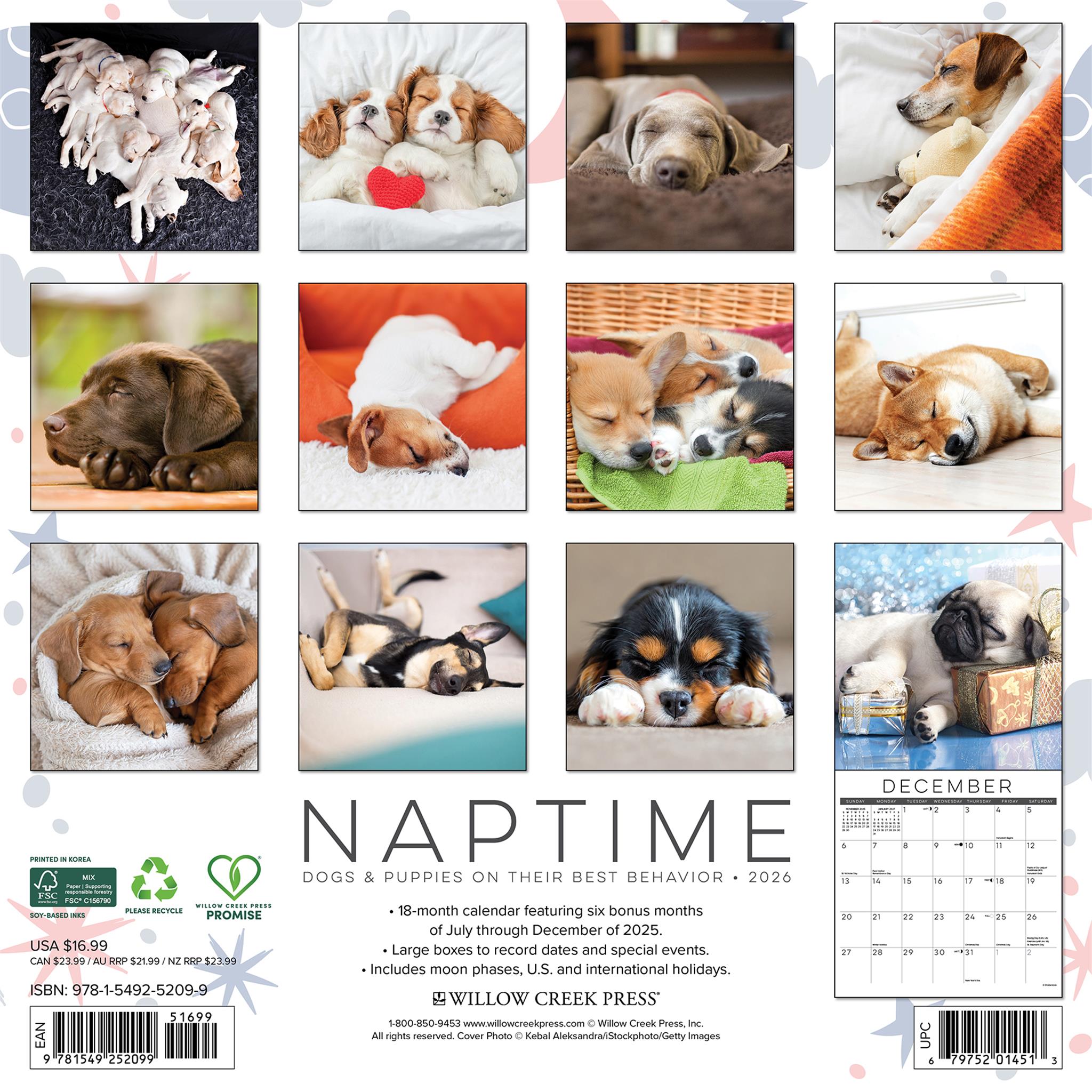 Calendrier mural 2026 des chiens et chiots qui font la sieste