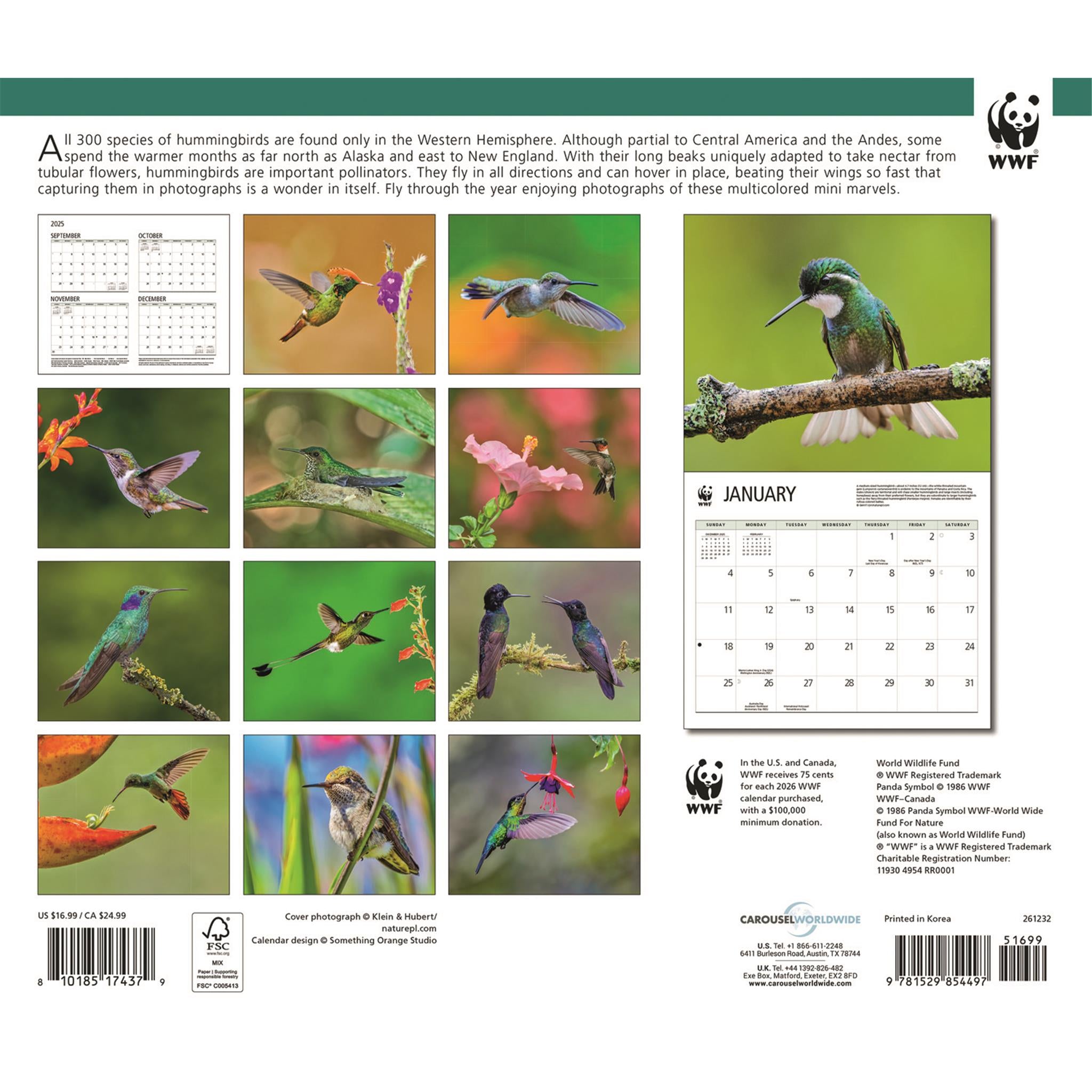 Calendrier mural 2026 du Fonds mondial pour la nature (WWF) sur les colibris