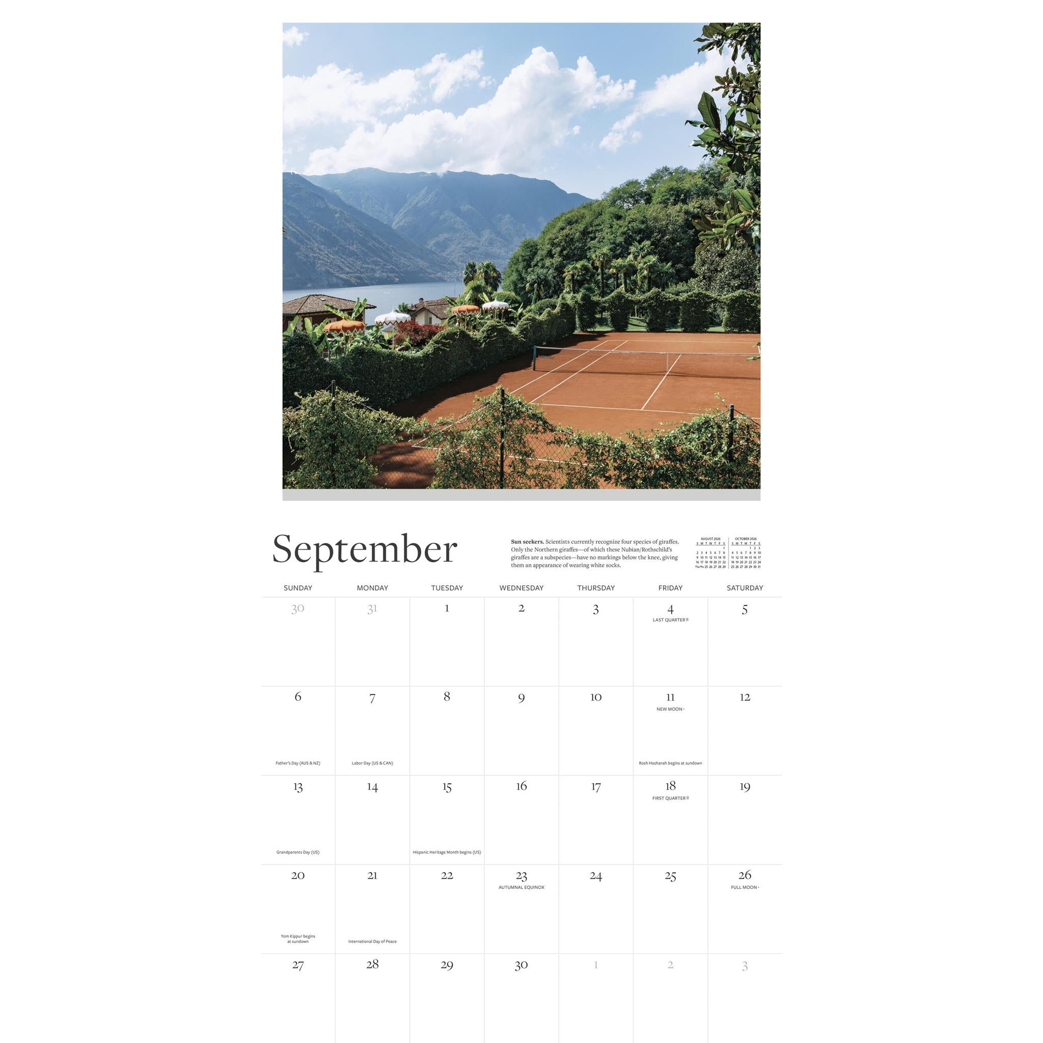 Calendrier mural 2026 du court de tennis - Disponible uniquement en ligne