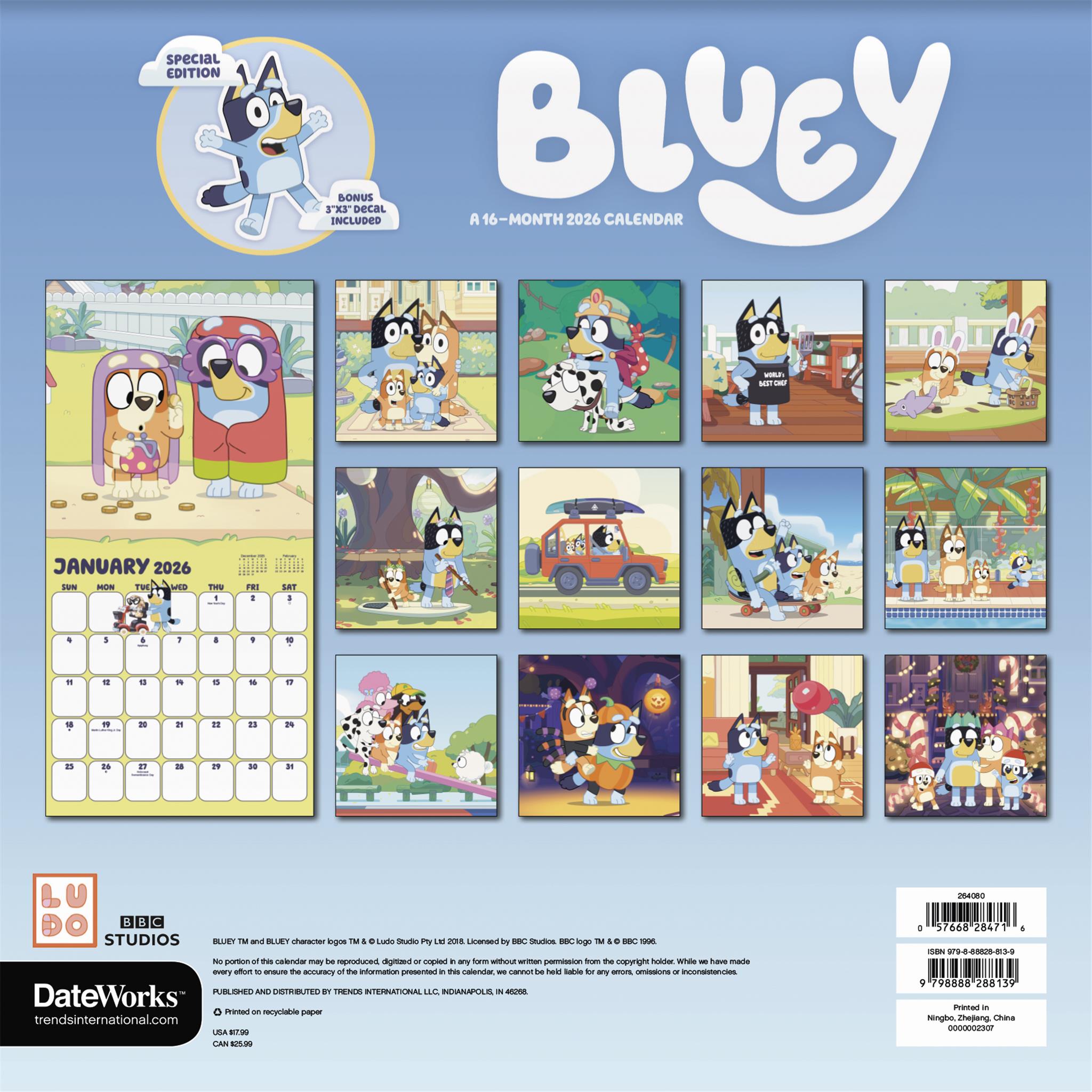 Calendrier mural de luxe Bluey Exclusive avec autocollant 2026