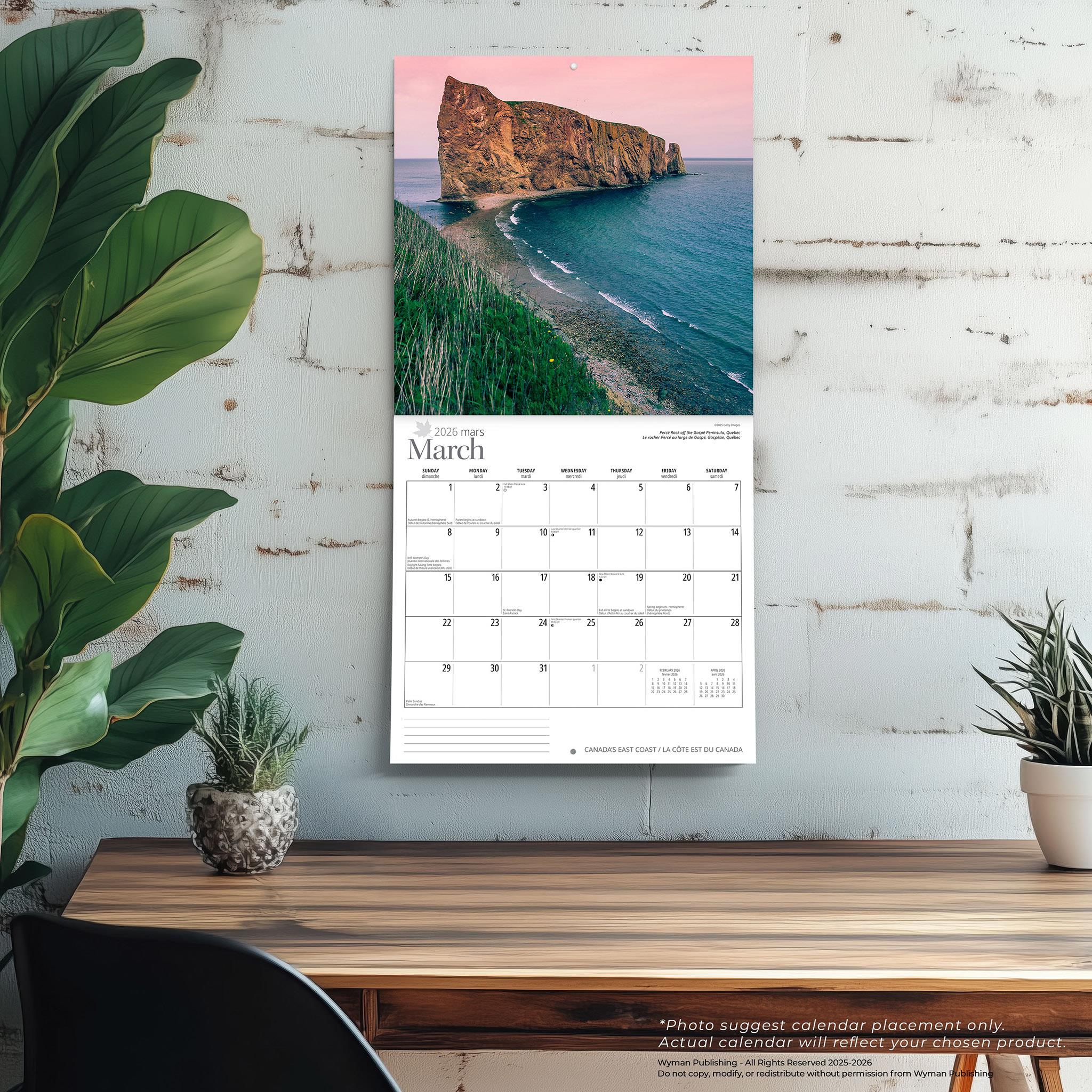 Calendrier mural de la côte est du Canada 2026