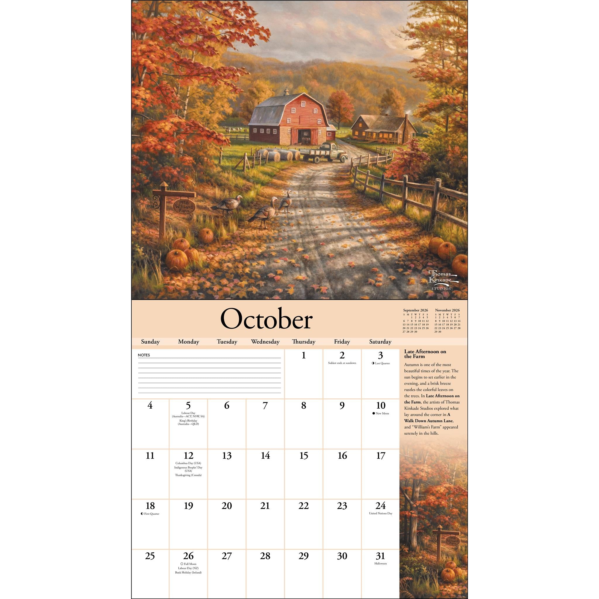 Calendrier mural Thomas Kinkade 2026 Édition spéciale collector de luxe avec impression
