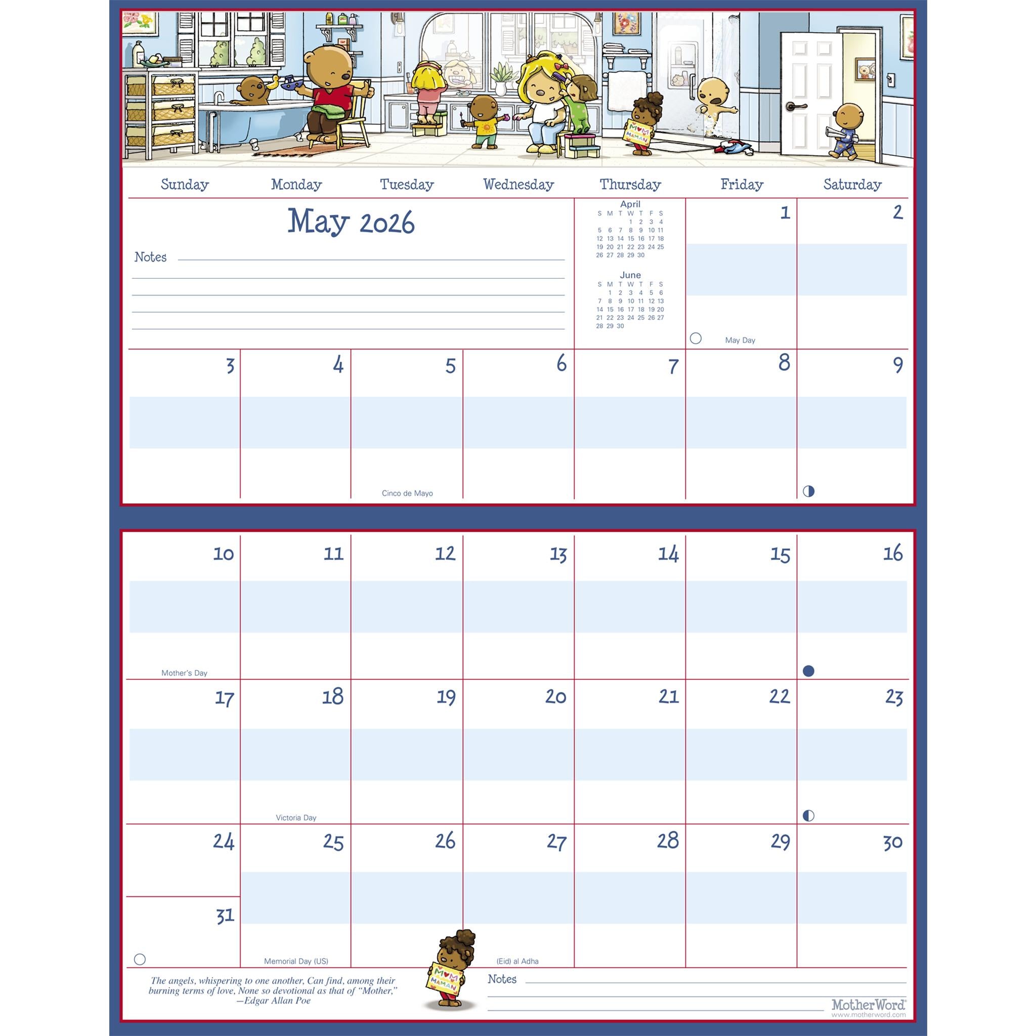 Calendrier mural magnétique Motherword pour réfrigérateur, en anglais, 2025-2026