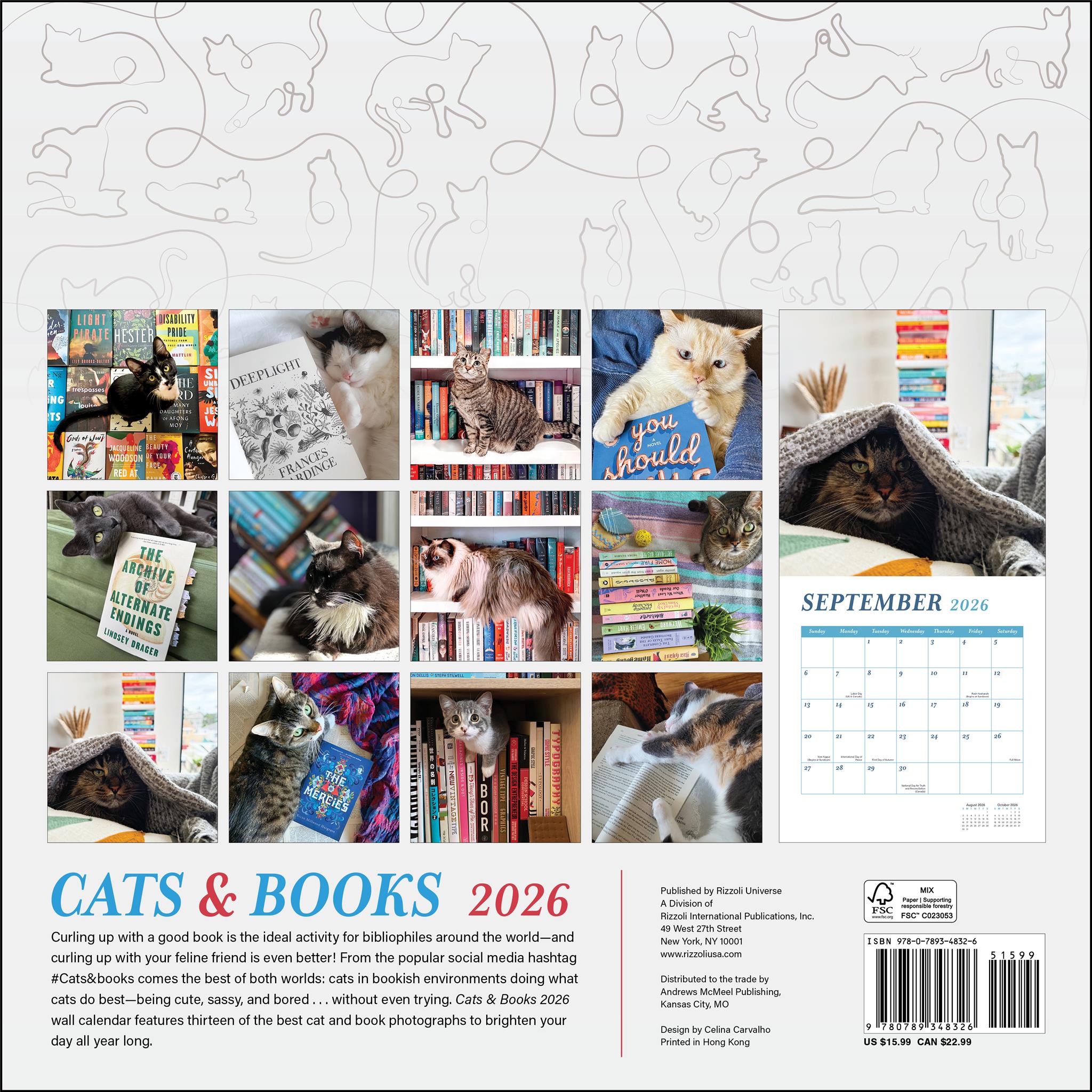 Calendrier mural Chats et Livres 2026