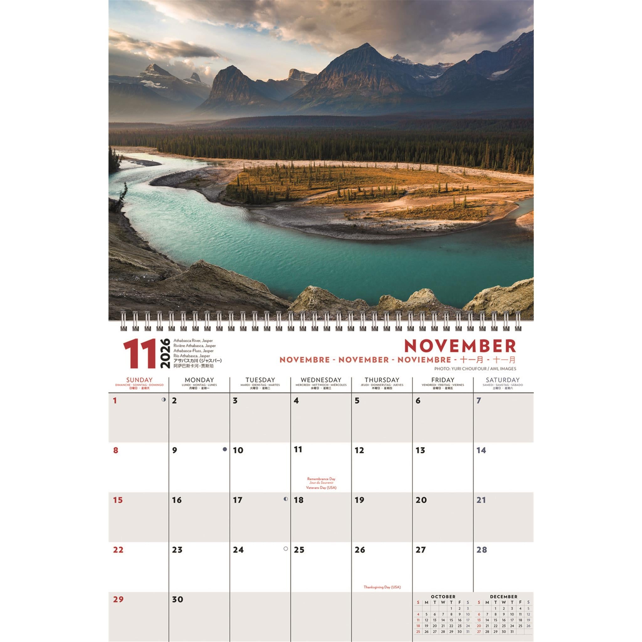 Calendrier mural multilingue des Rocheuses canadiennes 2026