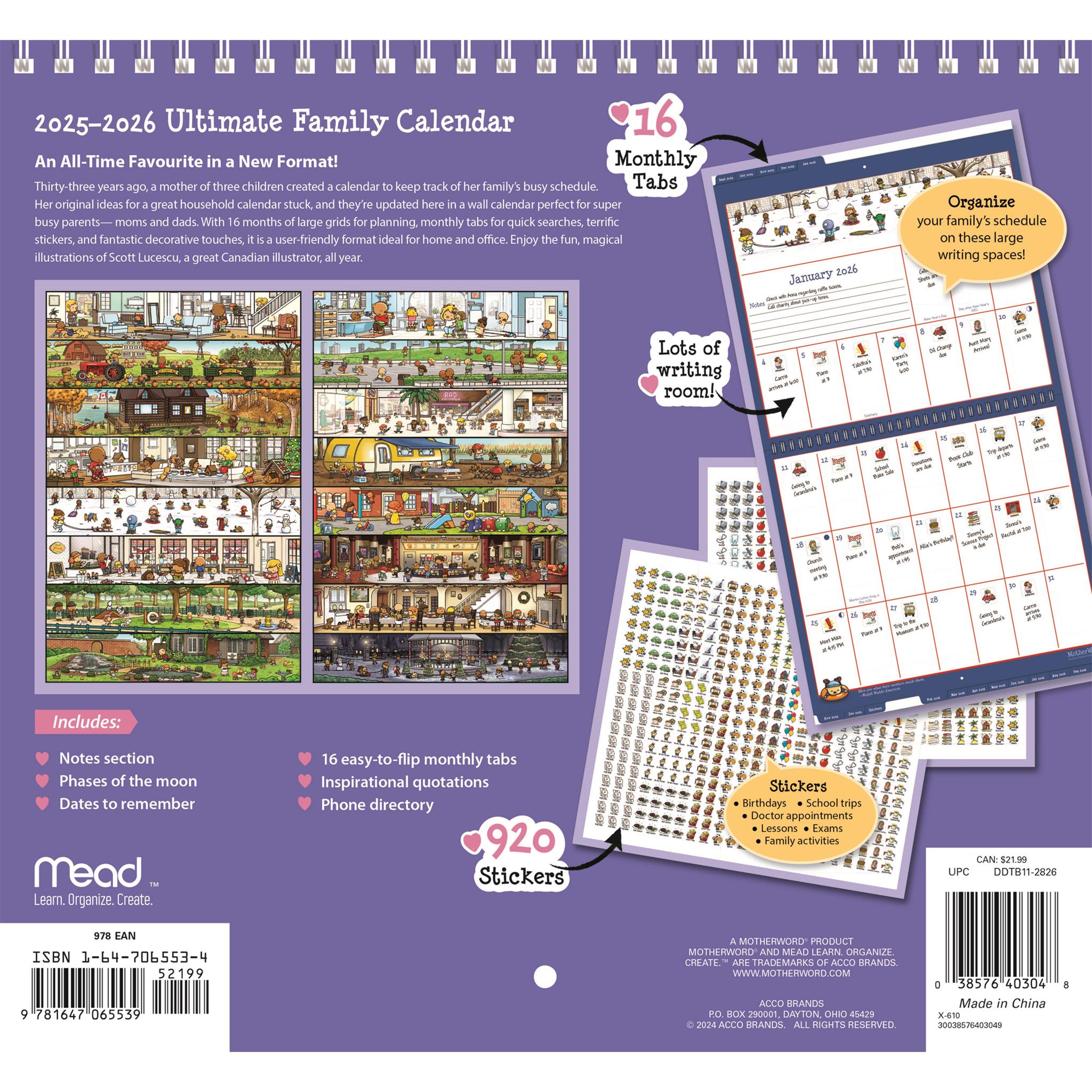 Calendrier mural Motherword Tabbed en anglais 2025-2026