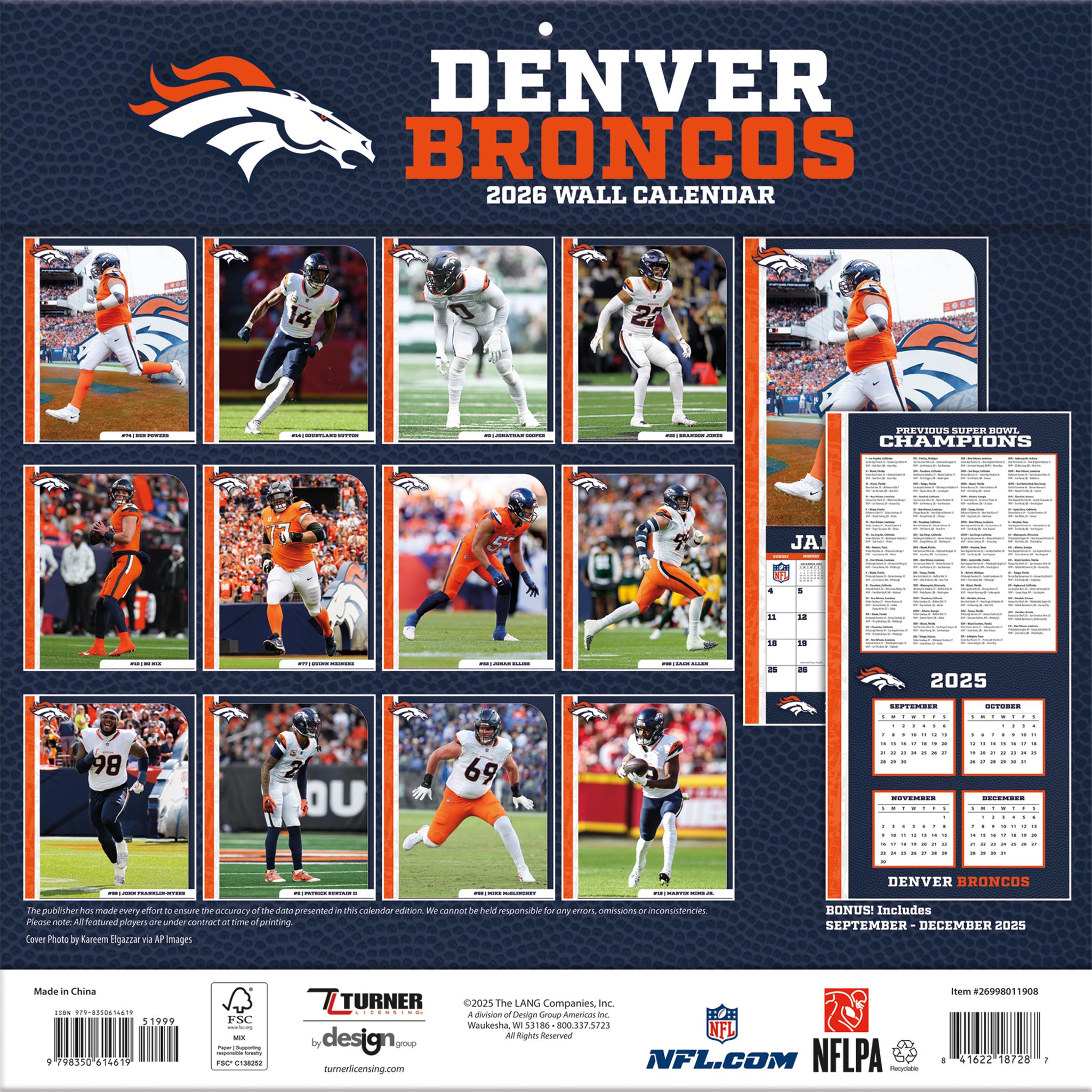 Calendrier mural NFL Denver Broncos 2026 - Disponible uniquement en ligne