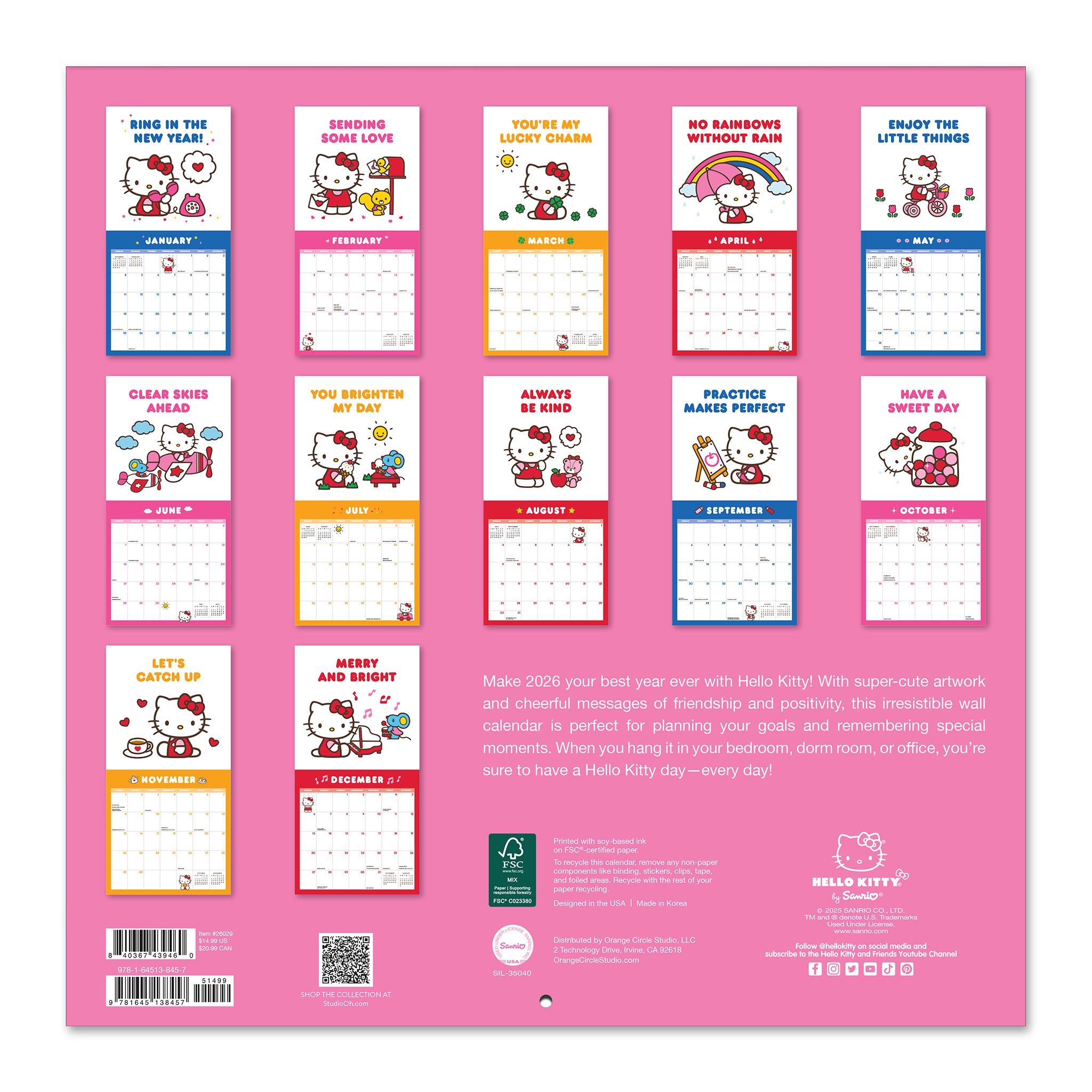 Calendrier mural Hello Kitty rose ludique 2026