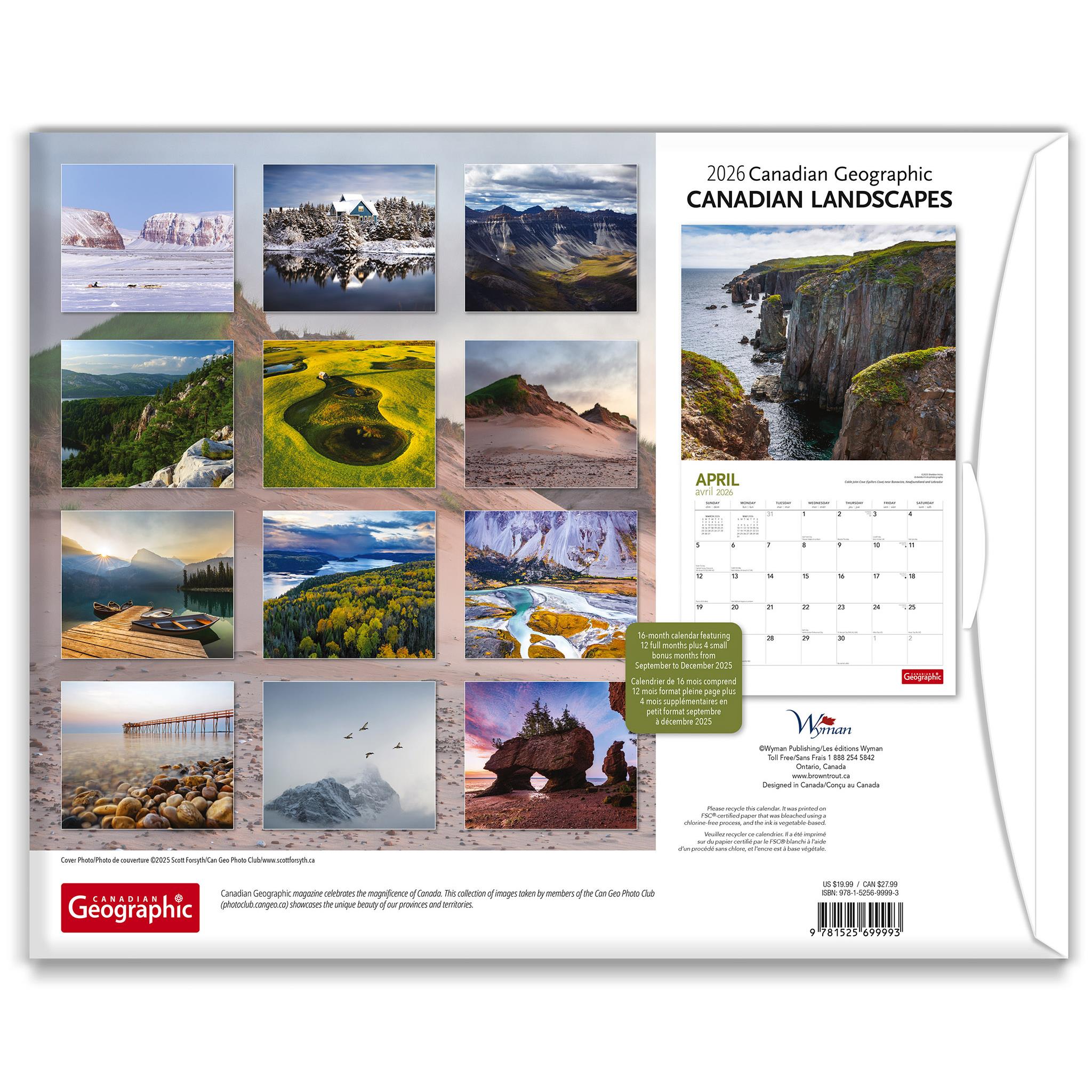 Calendrier mural 2026 de Canadian Geographic Paysages canadiens