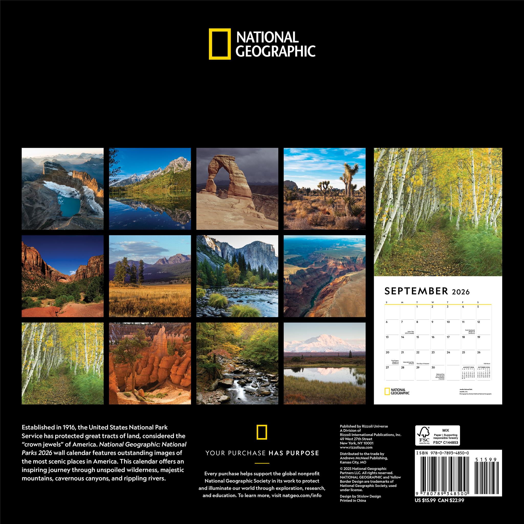 Calendrier mural National Geographic Parcs nationaux 2026 - Disponible uniquement en ligne