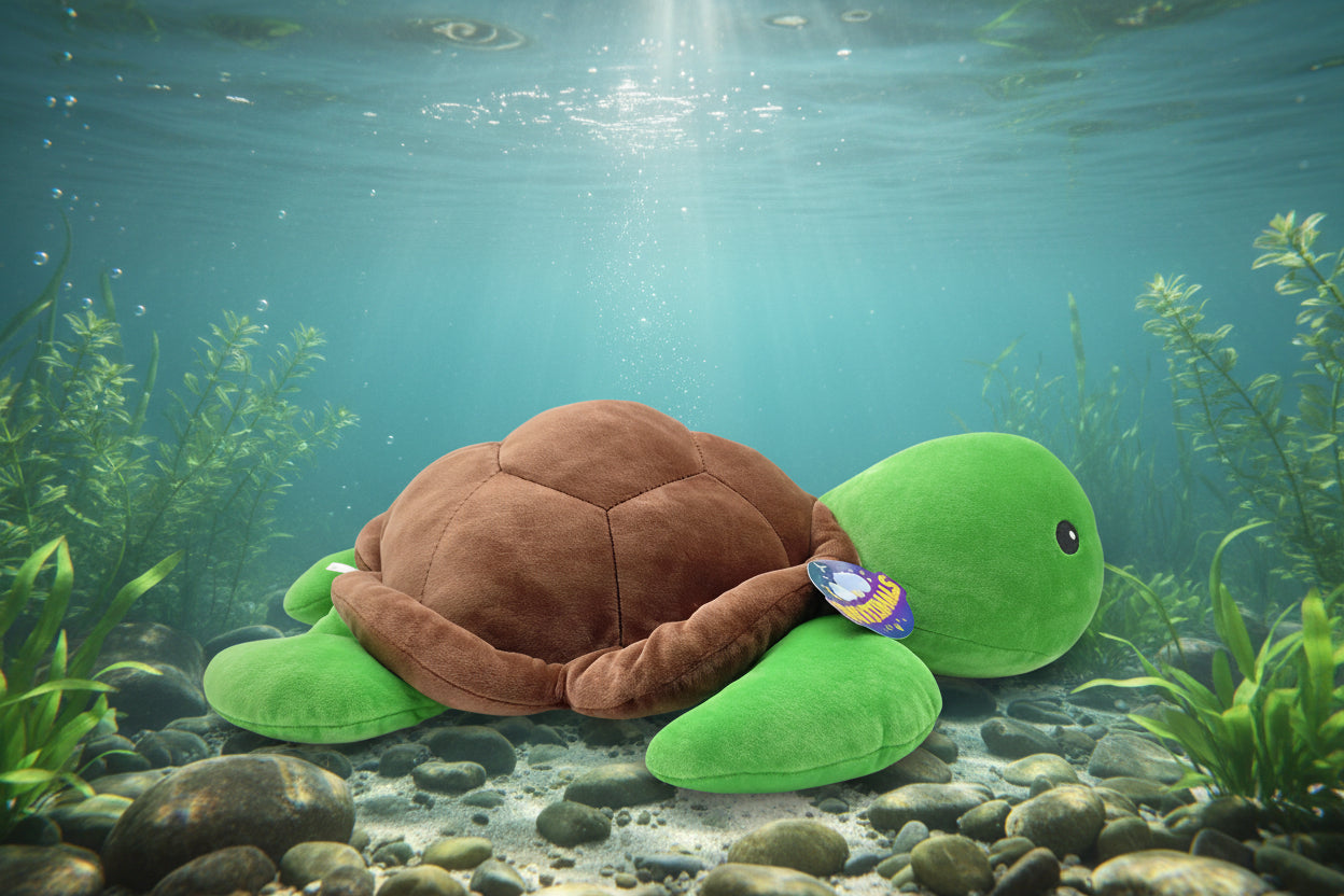 Plush turtle toy underwater with greenery