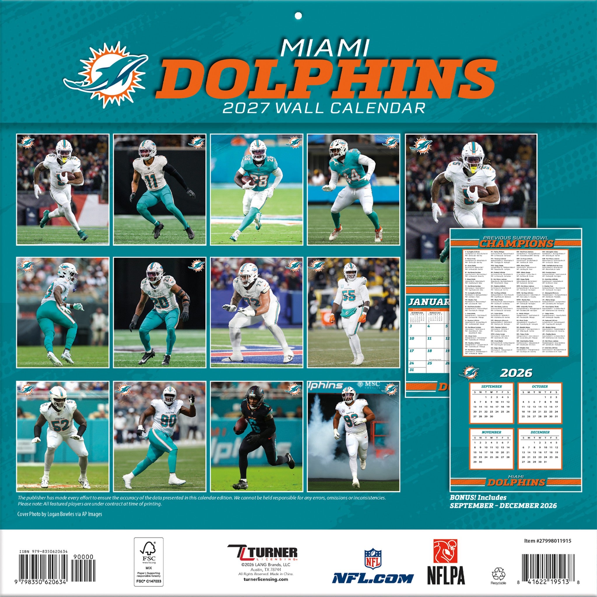 NFL Miami Dolphins 2027 Wall Calendar - Online Only