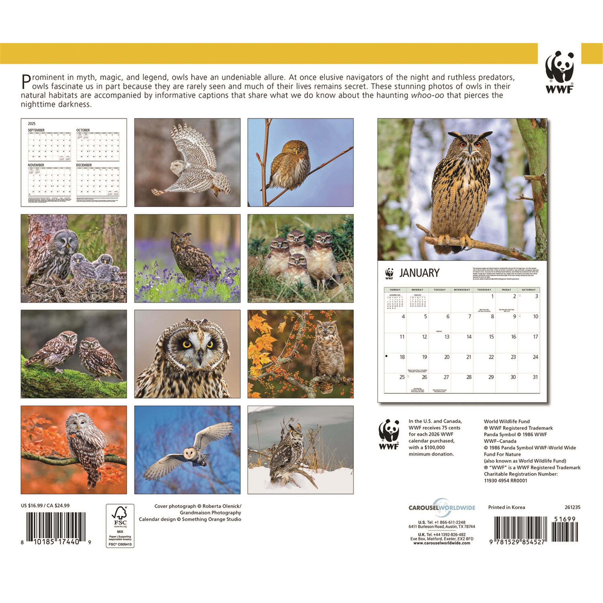 Calendrier mural 2026 du Fonds mondial pour la nature (WWF) - Hiboux