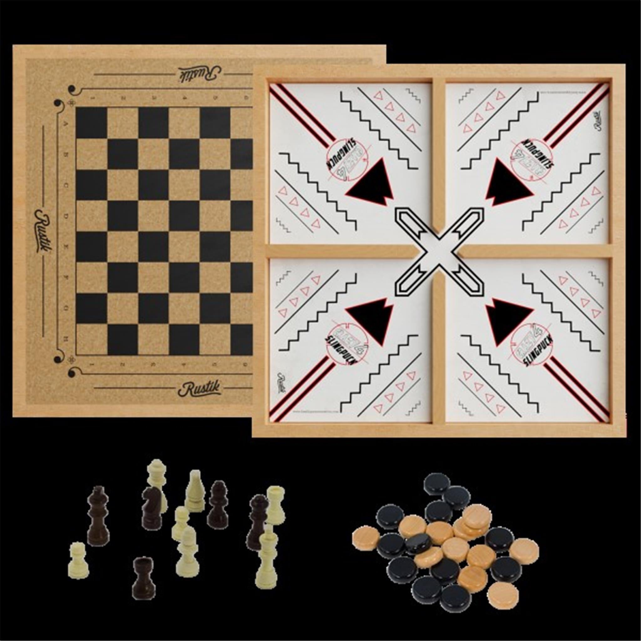 RUSTIK 3in1 Crazy4 Slingpuck Chess Checker