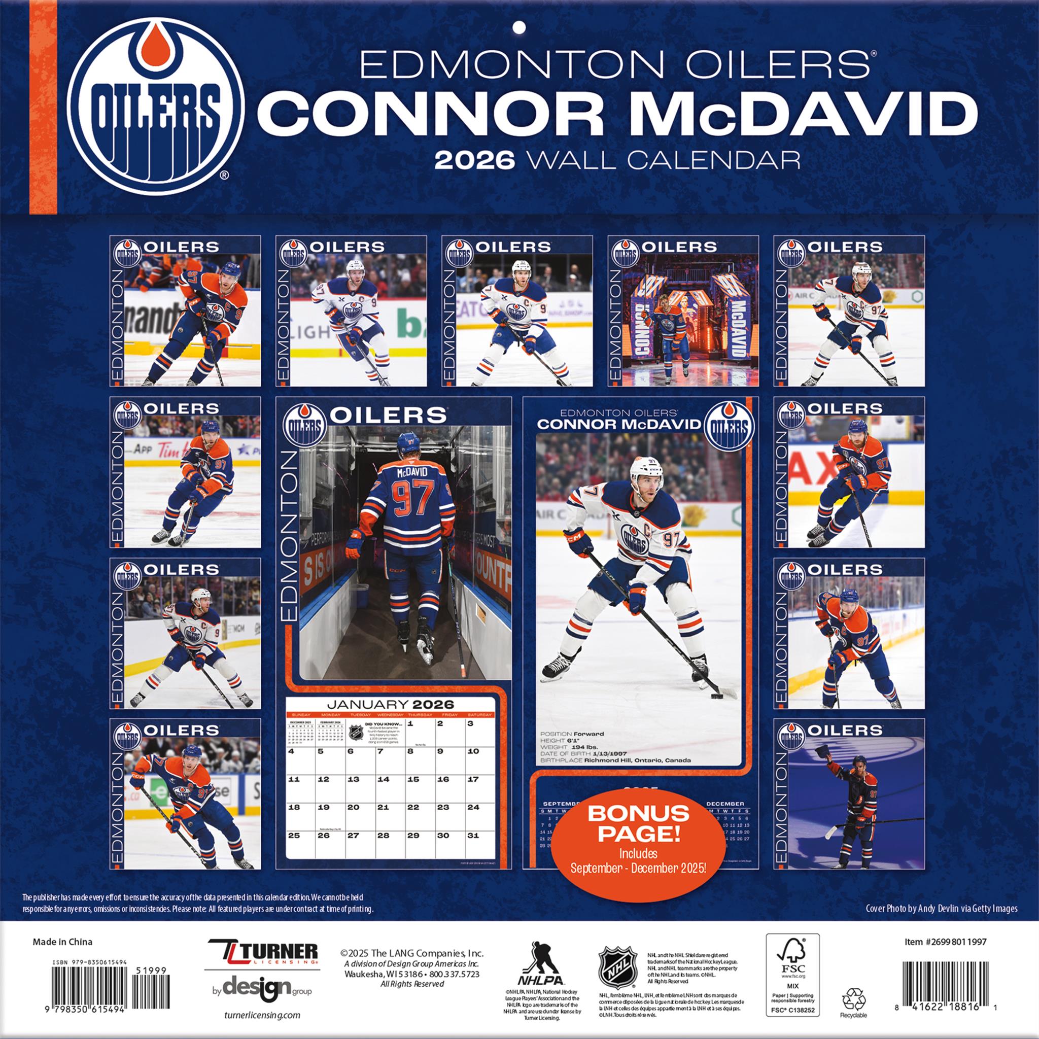 Calendrier mural 2026 de Connor McDavid, des Oilers d'Edmonton (NHL)