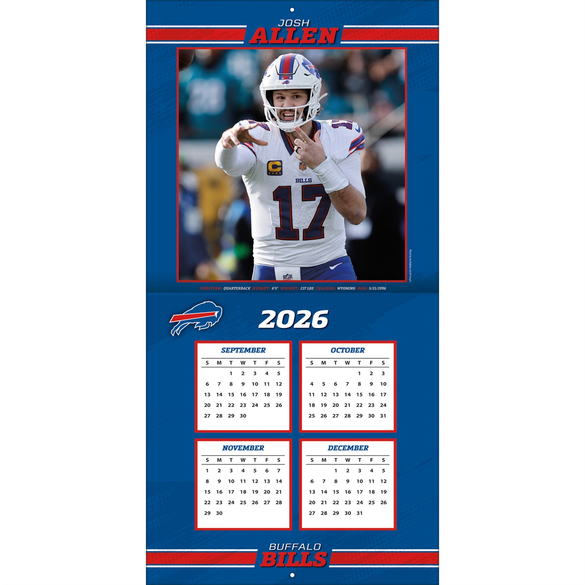 NFL Buffalo Bills Josh Allen 2027 Wall Calendar