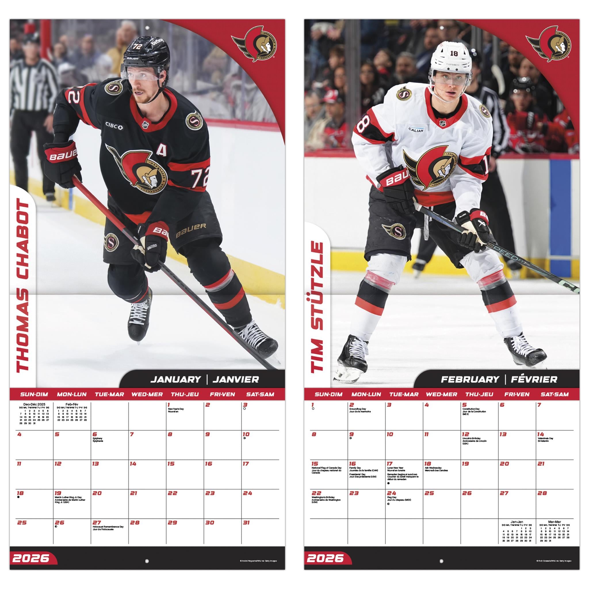 NHL Ottawa Senators Bilingual 2026 Wall Calendar
