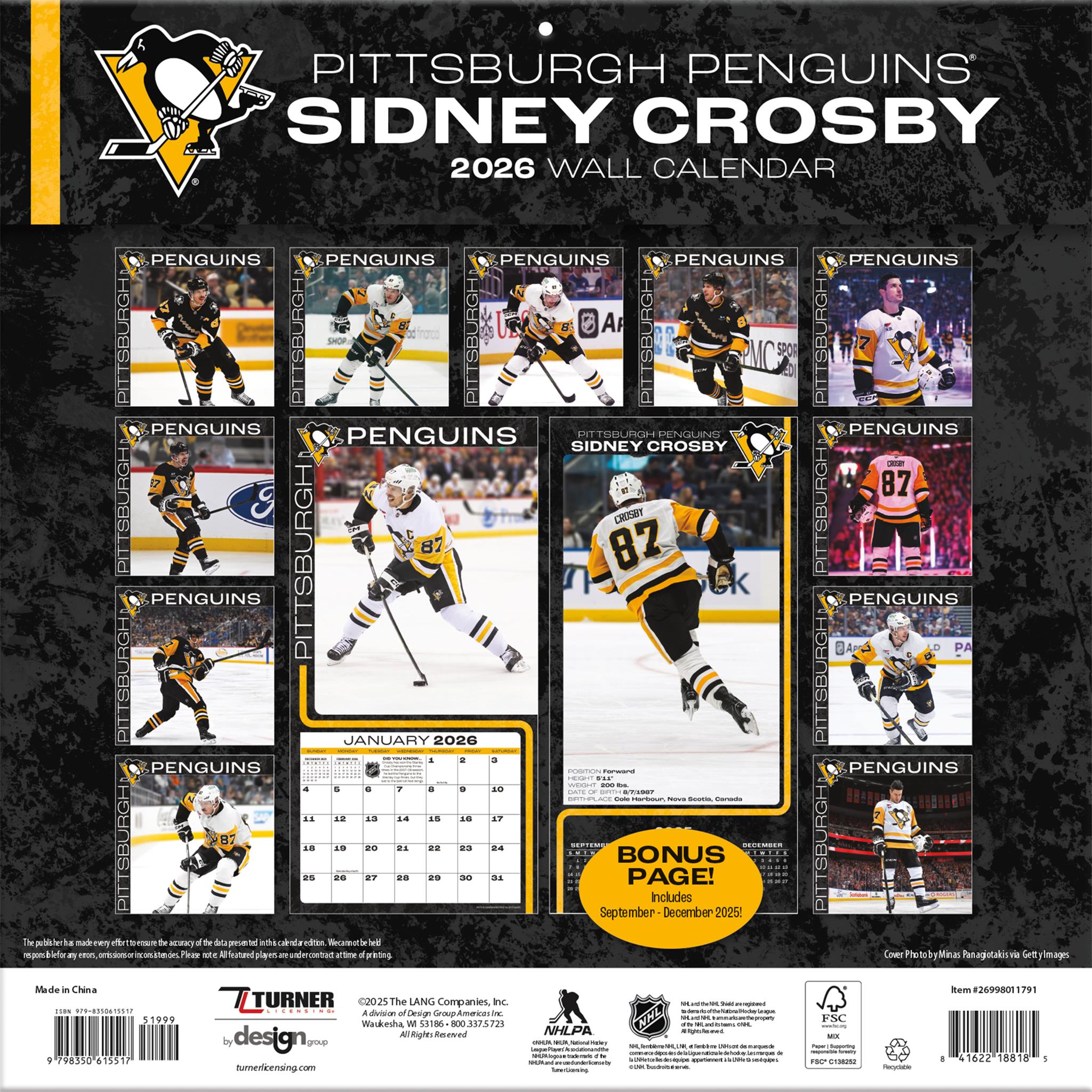 Calendrier mural 2026 de Sidney Crosby, Penguins de Pittsburgh (NHL)