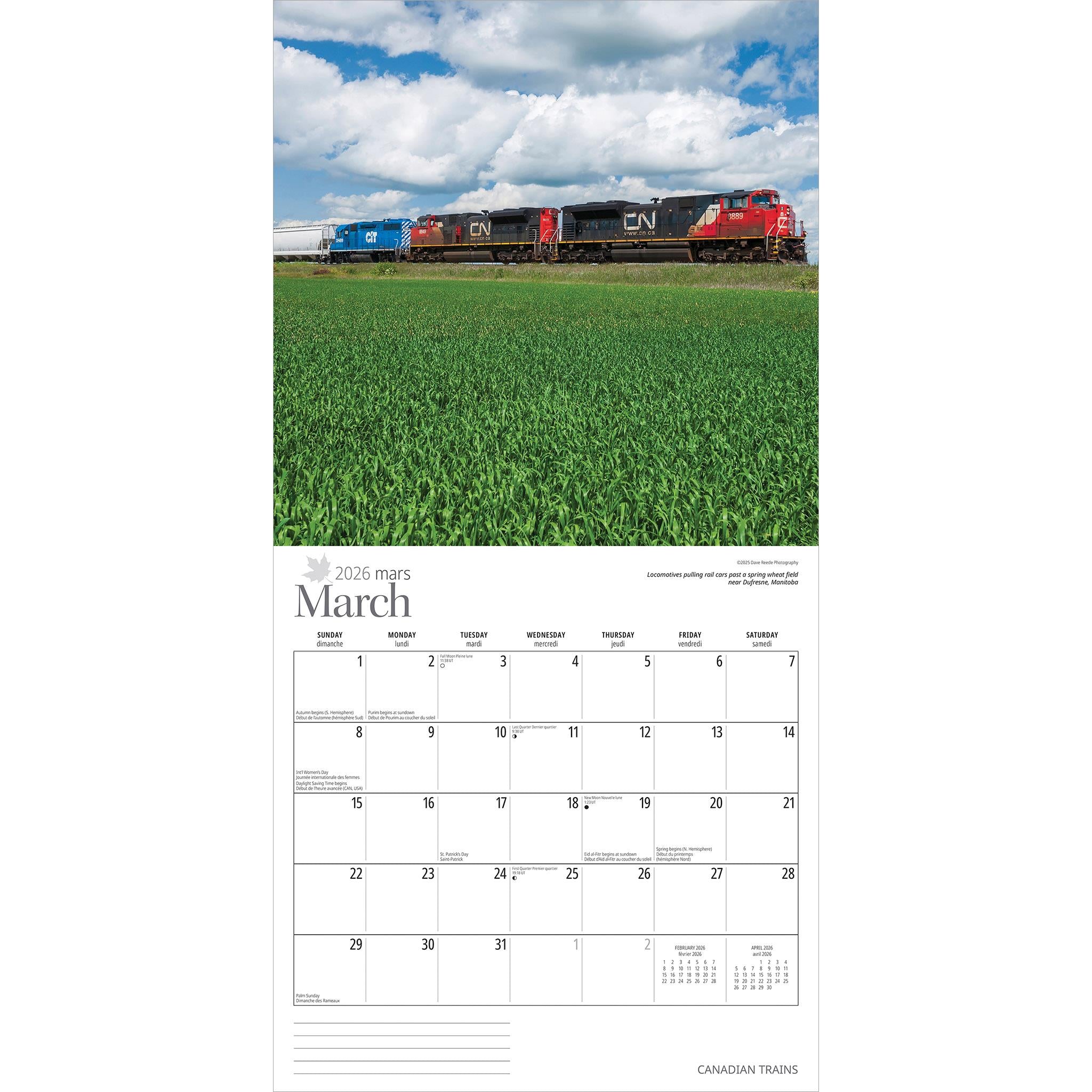 Canadian Trains Bilingual 2026 Wall Calendar