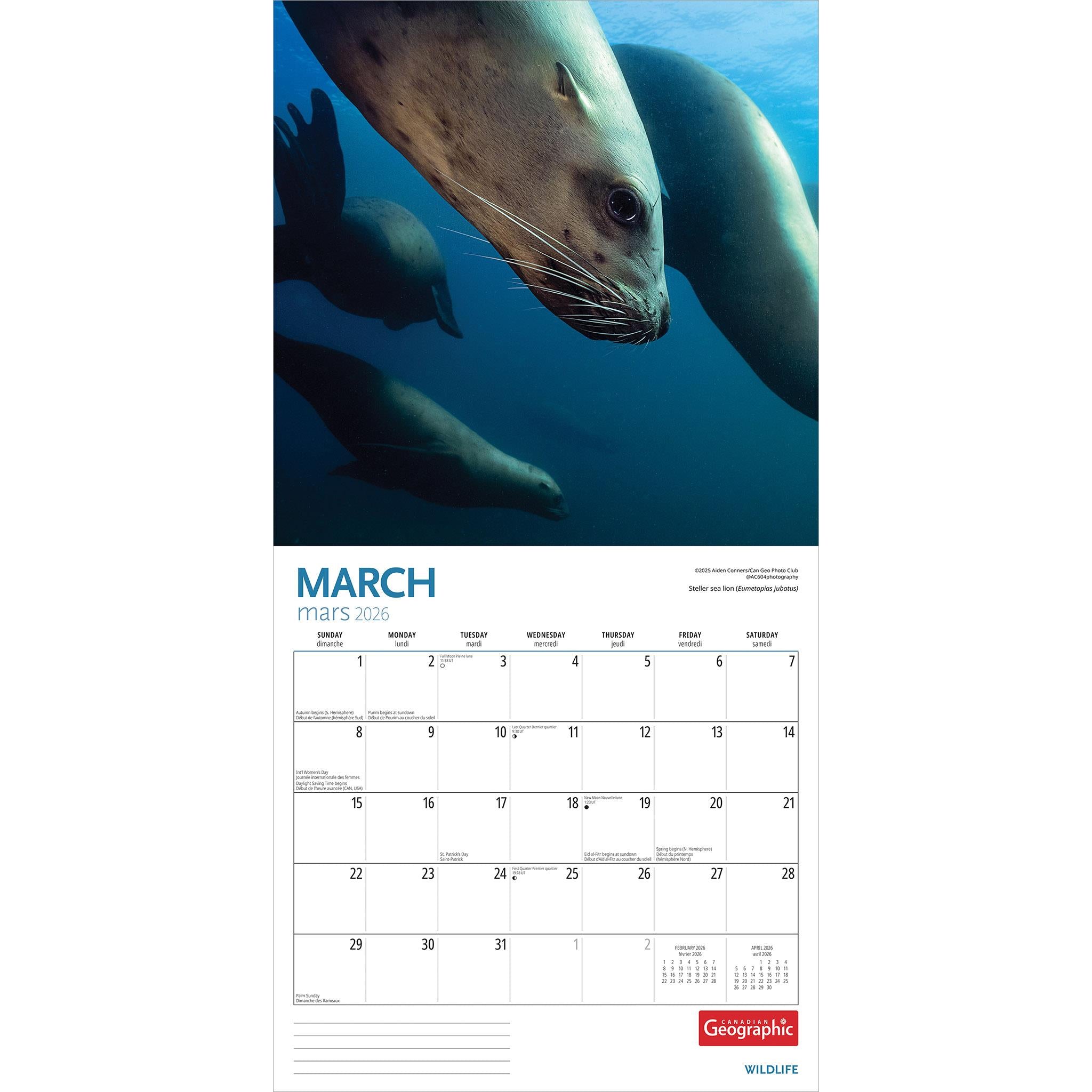 Calendrier mural Canadian Geographic Faune 2026