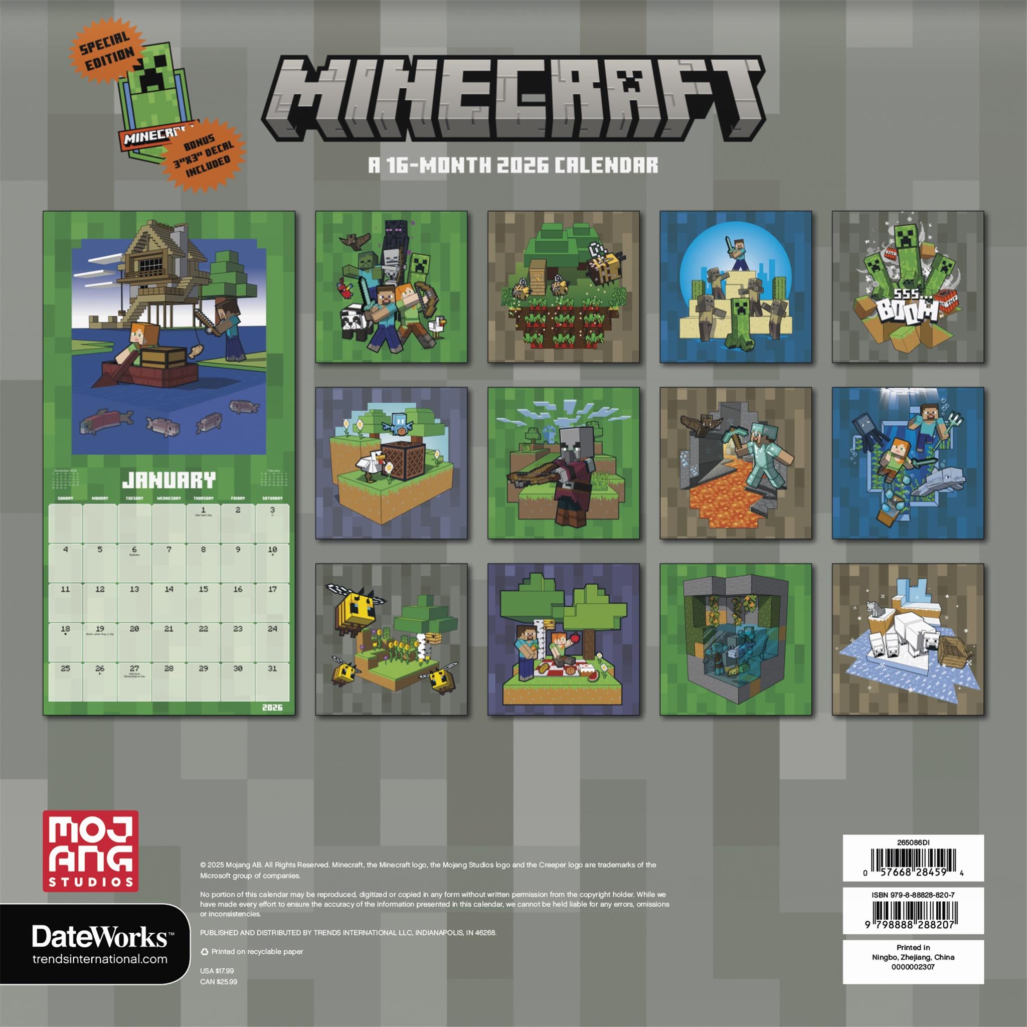 Calendrier mural de luxe Minecraft exclusif avec autocollant 2026