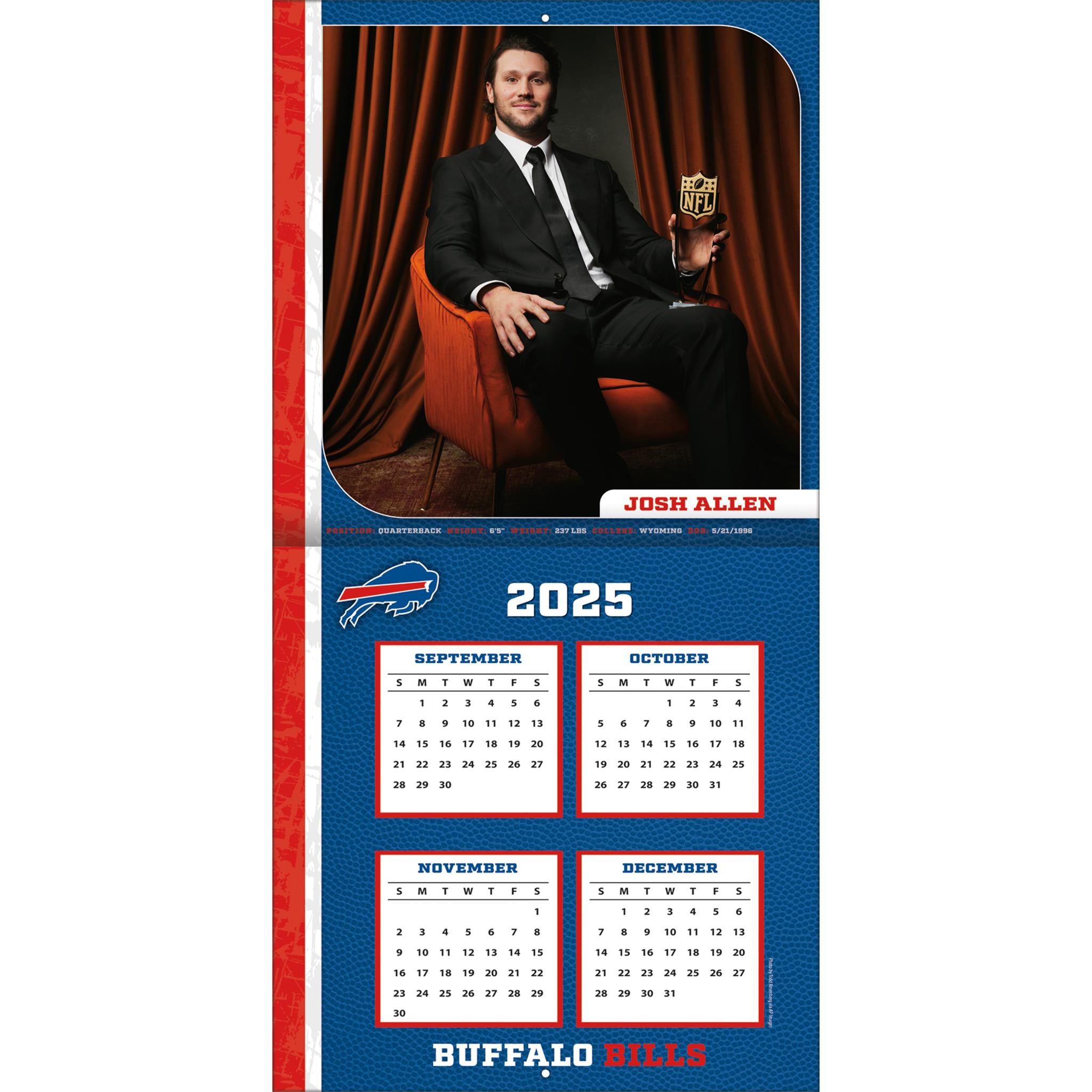 Calendrier mural 2026 de Josh Allen, joueur des Buffalo Bills (NFL)