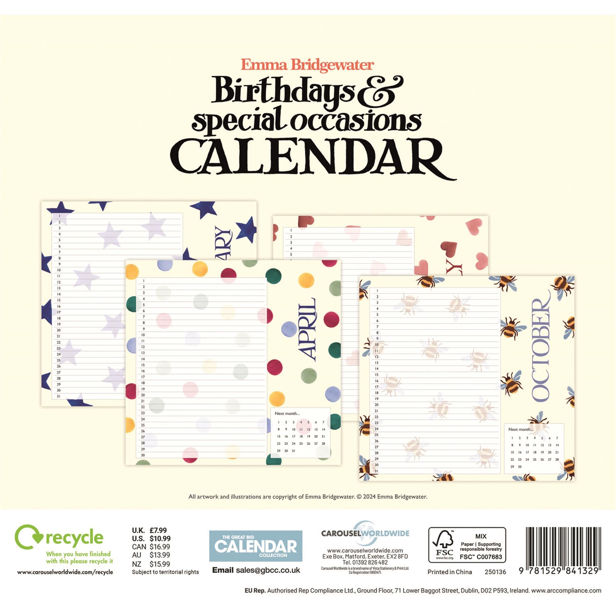Mini-calendrier d'anniversaire et d'occasions spéciales d'Emma Bridgewater (non daté)