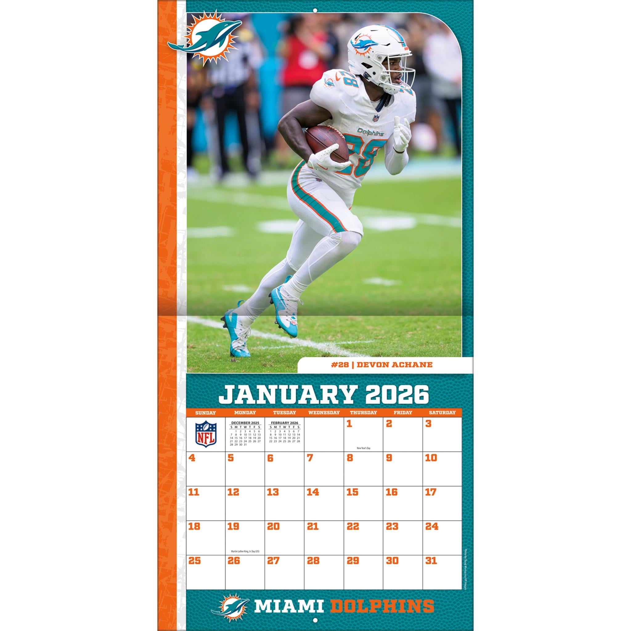 Calendrier mural NFL Miami Dolphins 2026 - Disponible uniquement en ligne