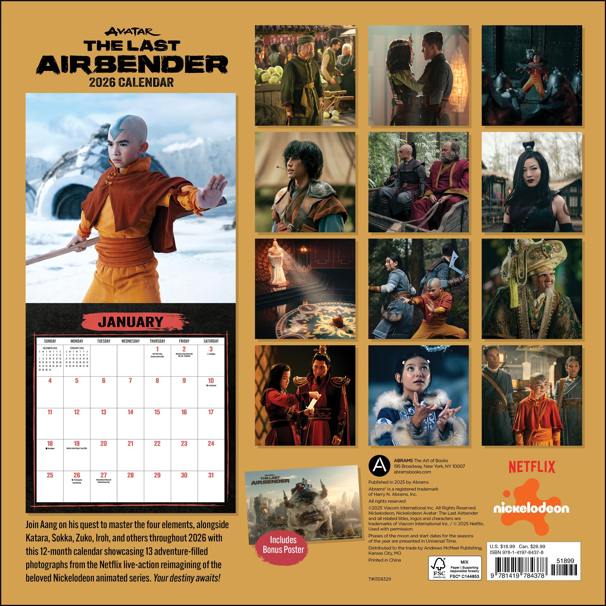 Avatar : Le Dernier Maître de l'Air (série Netflix) avec calendrier mural de luxe 2026 avec affiche - Disponible uniquement en ligne
