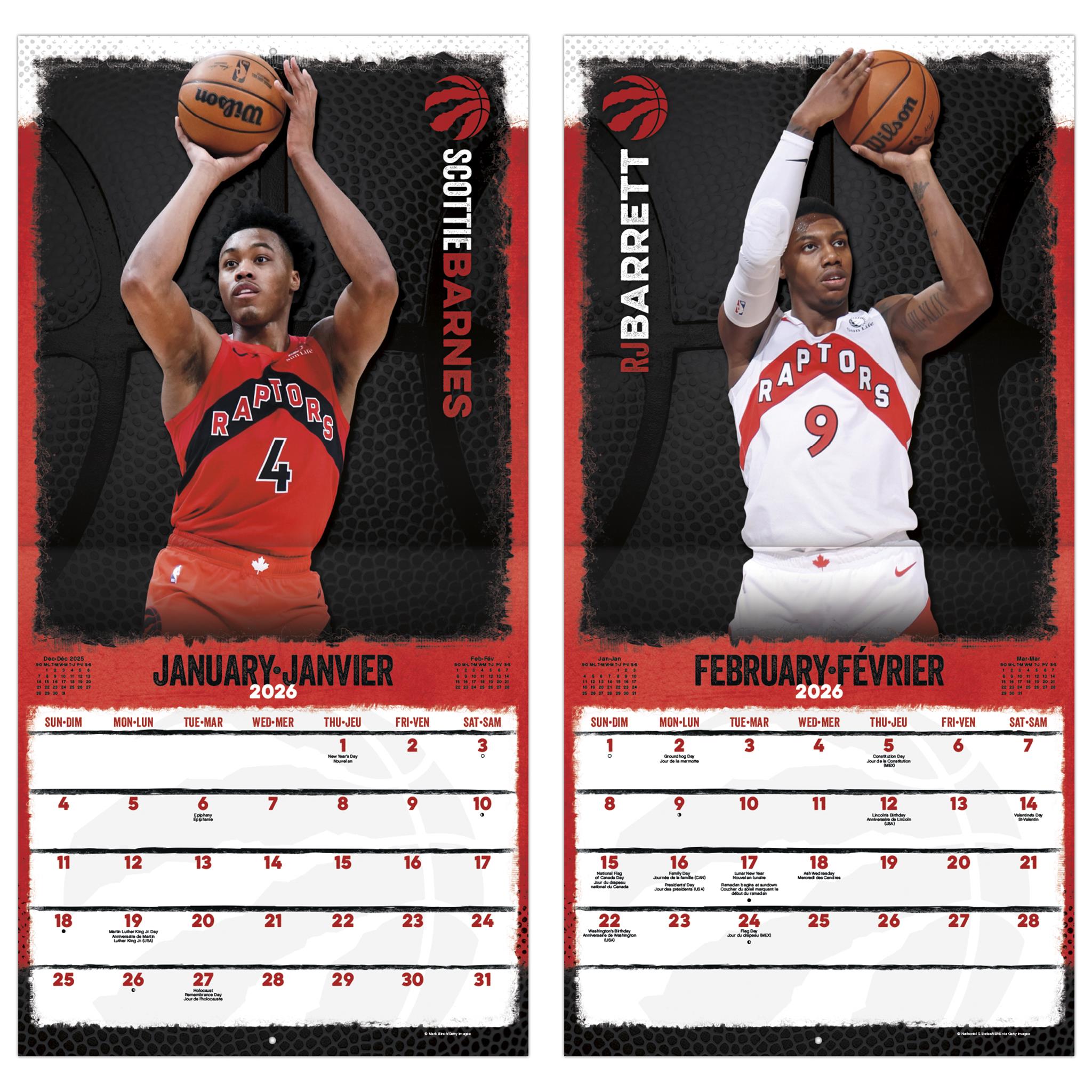 Calendrier mural bilingue des Raptors de Toronto (NBA) 2026
